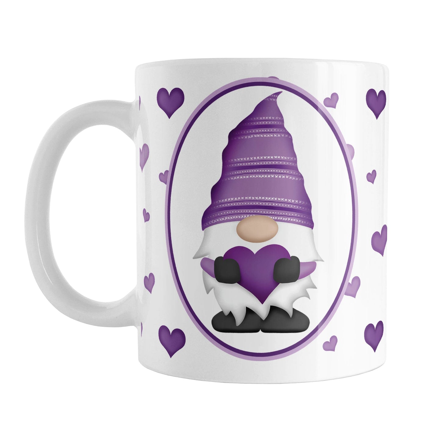 Purple Gnome Dainty Hearts Mug (11oz) at Amy's Coffee Mugs. A ceramic coffee mug designed with an adorable purple gnome in a white oval on both sides of the mug over a pattern of cute dainty hearts in different shades of purple that wrap around the mug to the handle.