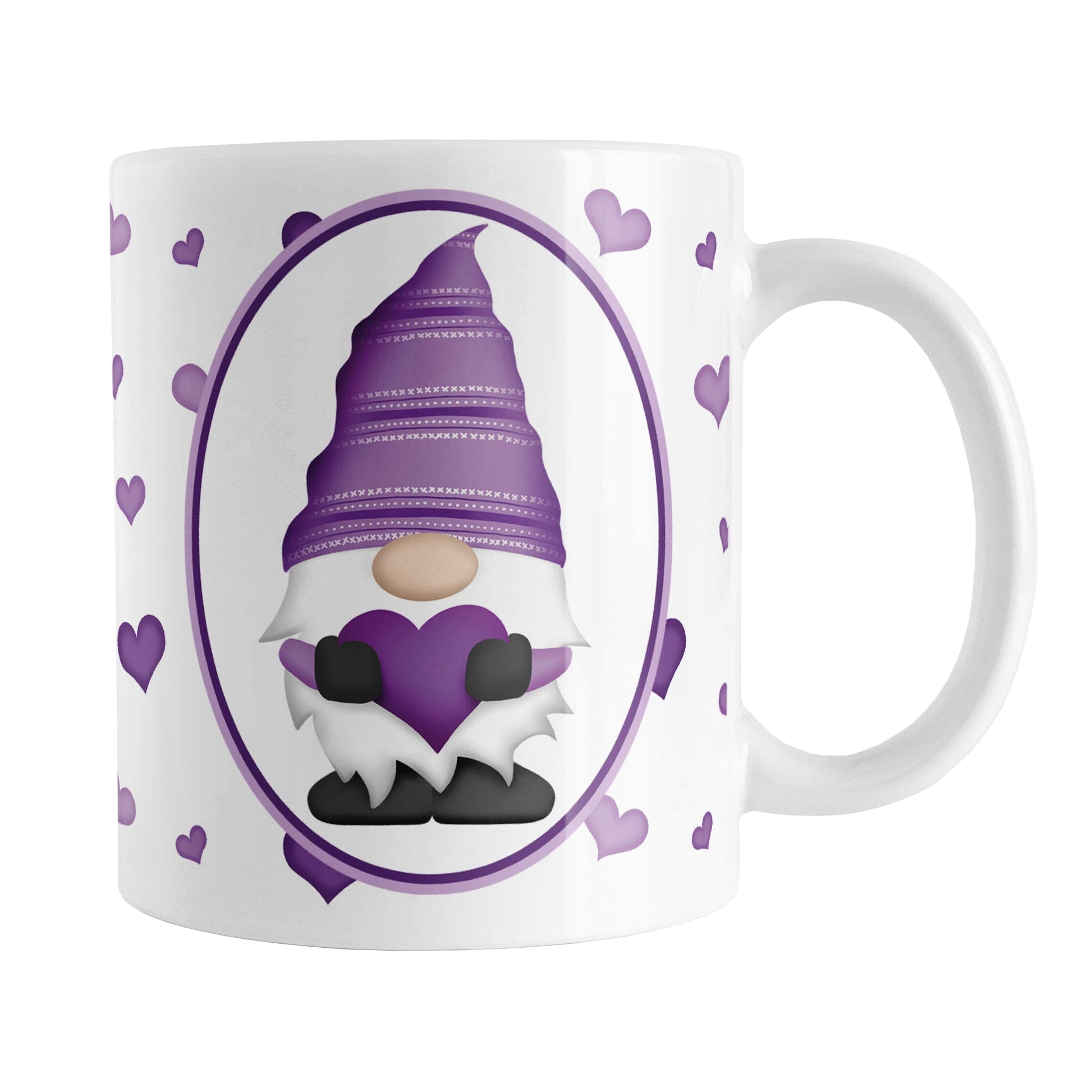 Purple Gnome Dainty Hearts Mug (11oz) at Amy's Coffee Mugs. A ceramic coffee mug designed with an adorable purple gnome in a white oval on both sides of the mug over a pattern of cute dainty hearts in different shades of purple that wrap around the mug to the handle.