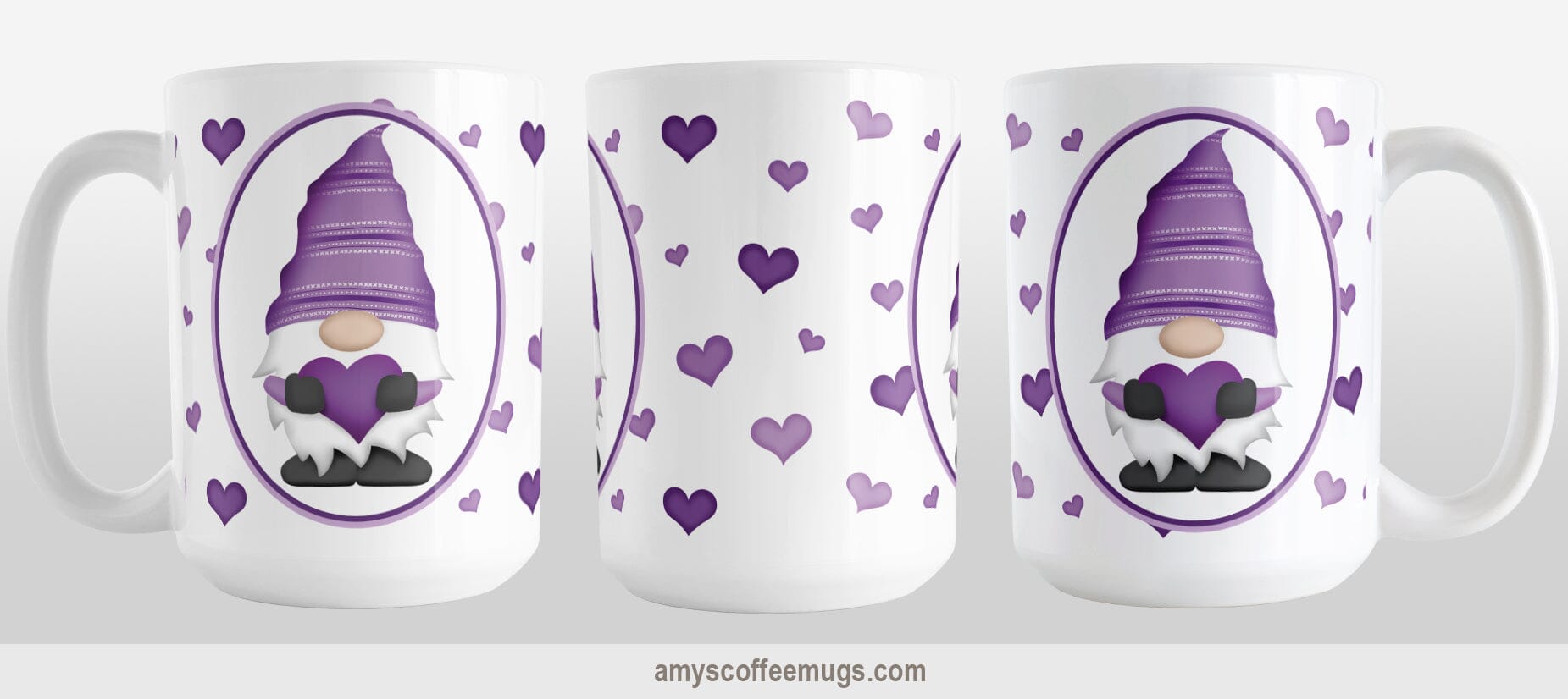 Purple Gnome Dainty Hearts Mug (15oz) at Amy's Coffee Mugs. A ceramic coffee mug designed with an adorable purple gnome in a white oval on both sides of the mug over a pattern of cute dainty hearts in different shades of purple that wrap around the mug to the handle. Photo shows three sides of the mug to show the entire printed design.