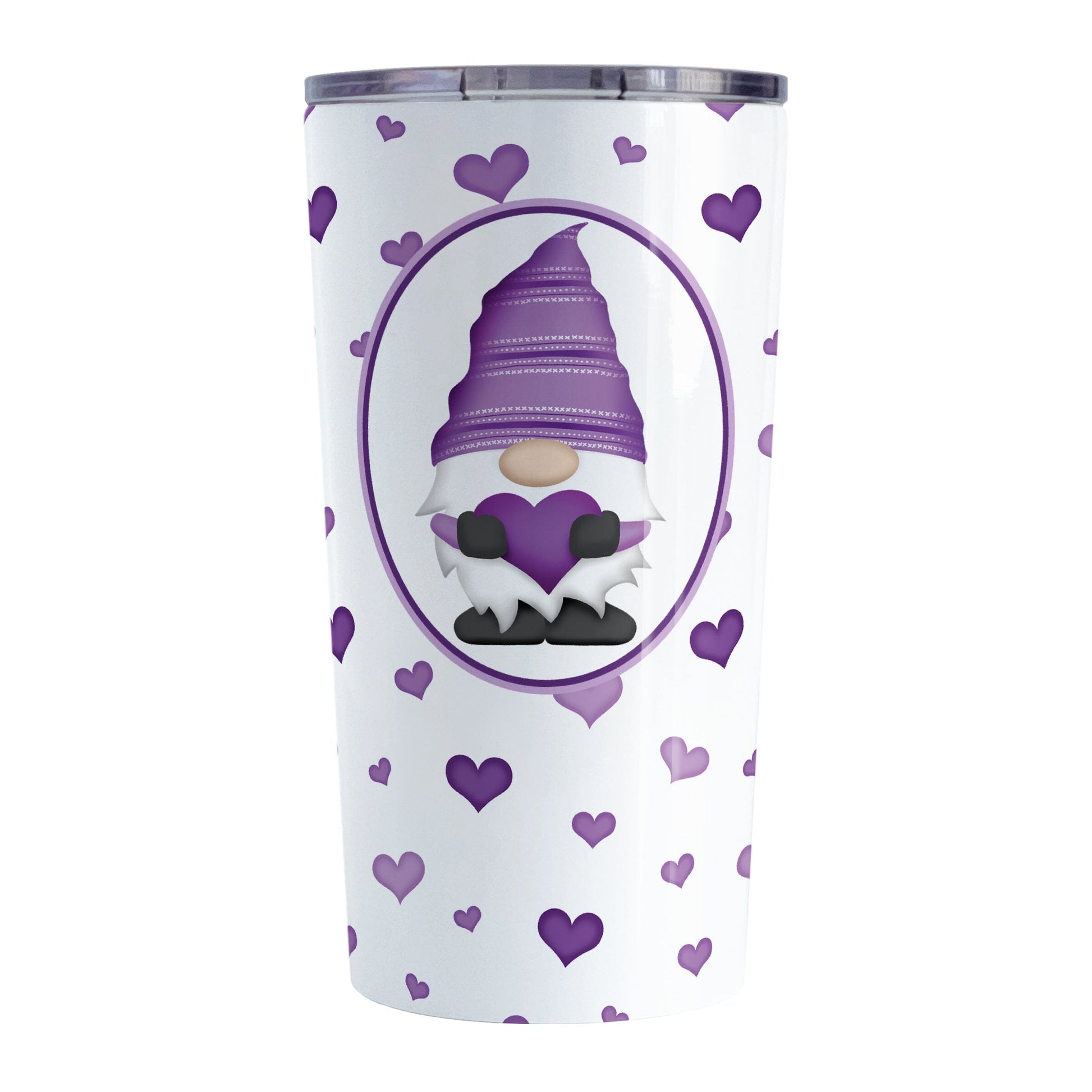 Purple Gnome Dainty Hearts Tumbler Cup (20oz) at Amy's Coffee Mugs. A stainless steel tumbler cup designed with an adorable purple gnome holding a heart in a white oval over a pattern of cute and dainty hearts in different shades of purple that wrap around the cup.