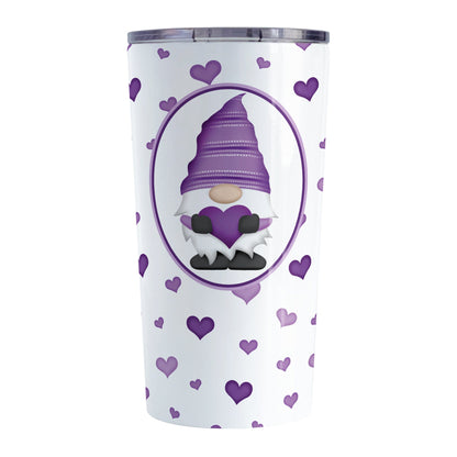 Purple Gnome Dainty Hearts Tumbler Cup (20oz) at Amy's Coffee Mugs. A stainless steel tumbler cup designed with an adorable purple gnome holding a heart in a white oval over a pattern of cute and dainty hearts in different shades of purple that wrap around the cup.