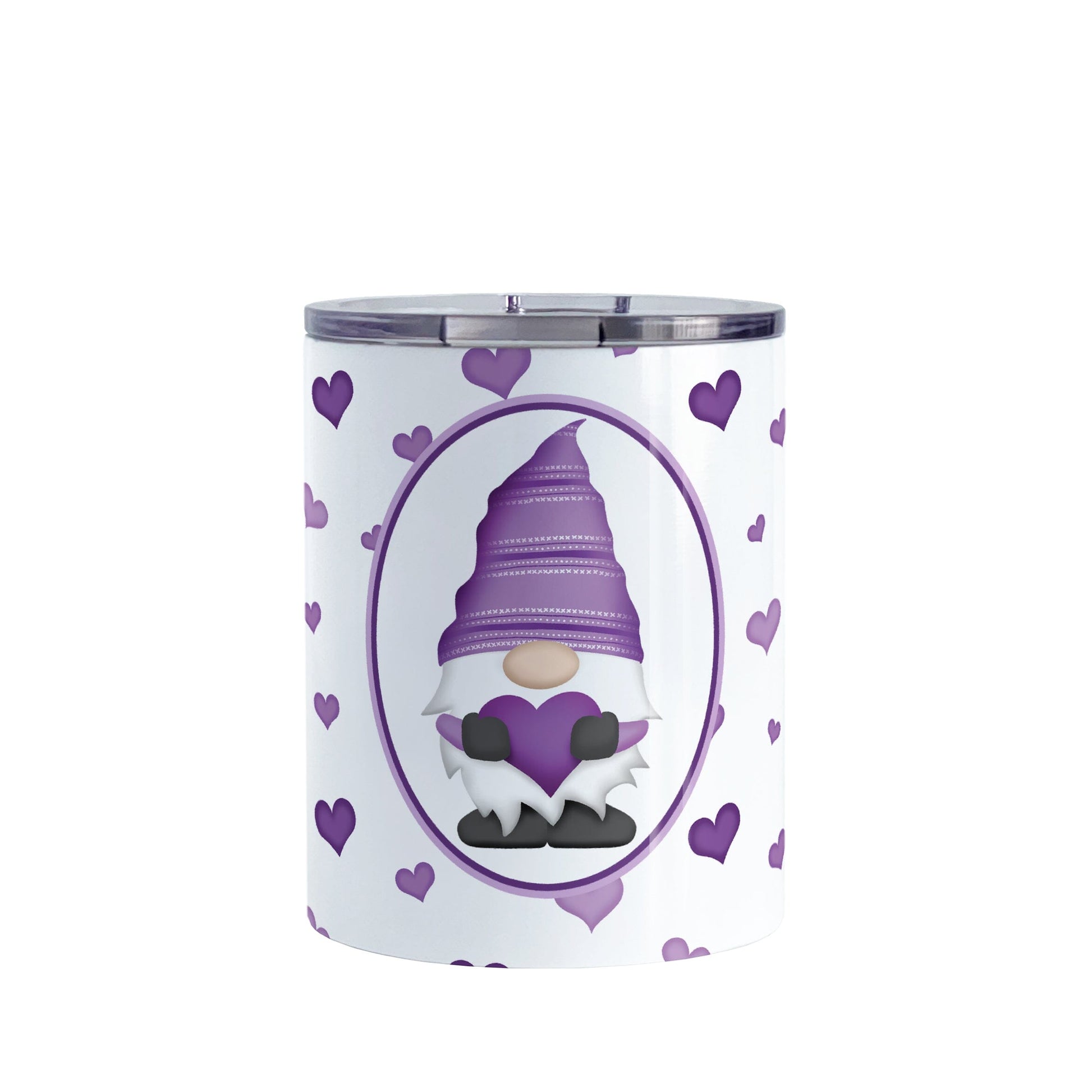 Purple Gnome Dainty Hearts Tumbler Cup (10oz) at Amy's Coffee Mugs. A stainless steel tumbler cup designed with an adorable purple gnome holding a heart in a white oval over a pattern of cute and dainty hearts in different shades of purple that wrap around the cup.