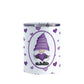 Purple Gnome Dainty Hearts Tumbler Cup (10oz) at Amy's Coffee Mugs. A stainless steel tumbler cup designed with an adorable purple gnome holding a heart in a white oval over a pattern of cute and dainty hearts in different shades of purple that wrap around the cup.