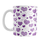 Purple Heart Doodles Mug (11oz) at Amy's Coffee Mugs. A ceramic coffee mug designed with hand-drawn purple heart doodles in a pattern that wraps around the cup. This cute heart pattern is perfect for Valentine's Day or for anyone who loves hearts and young-at-heart drawings. 