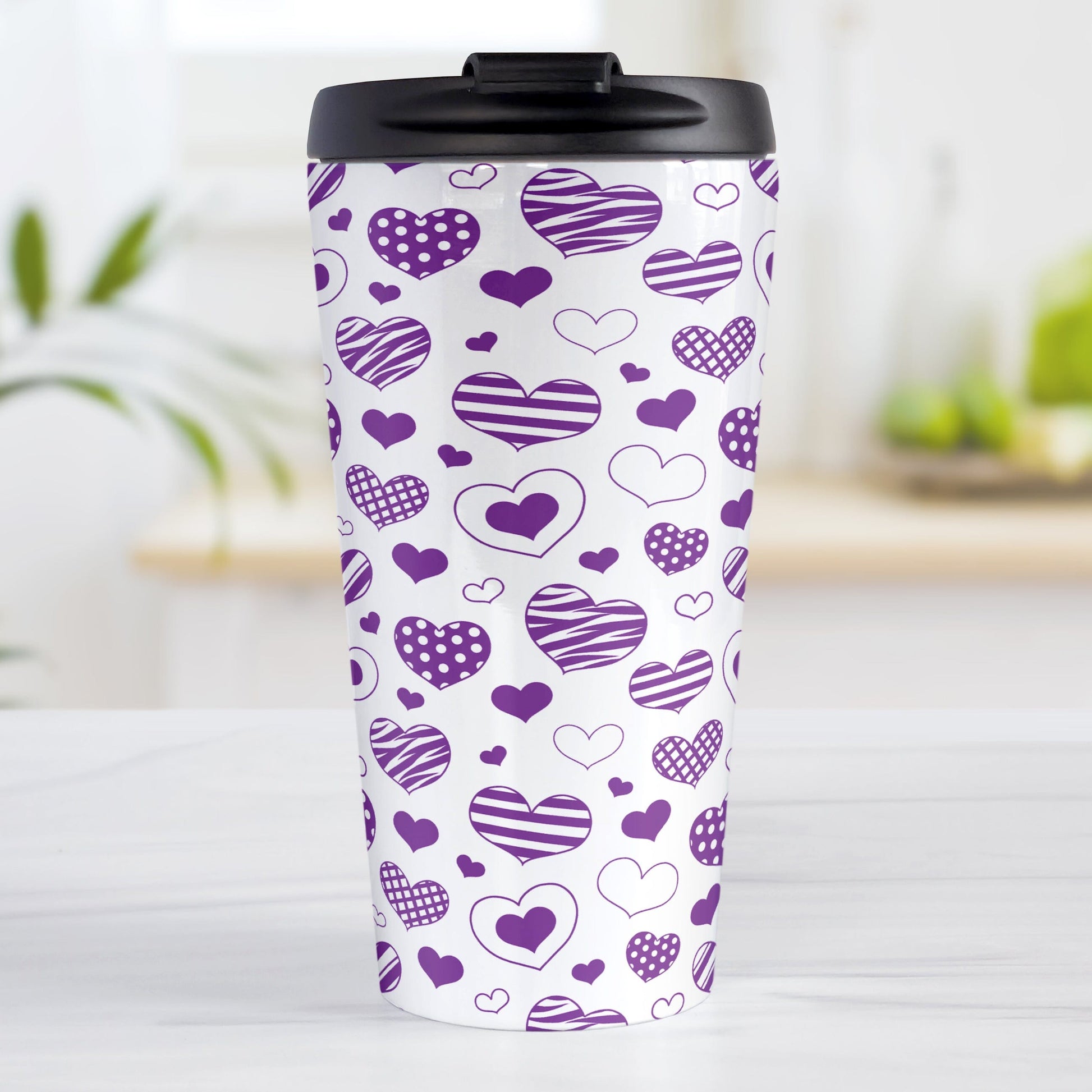 Purple Heart Doodles Travel Mug (15oz) at Amy's Coffee Mugs. A stainless steel travel mug designed with hand-drawn purple heart doodles in a pattern that wraps around the travel mug. This cute heart pattern is perfect for Valentine's Day or for anyone who loves hearts and young-at-heart drawings. 
