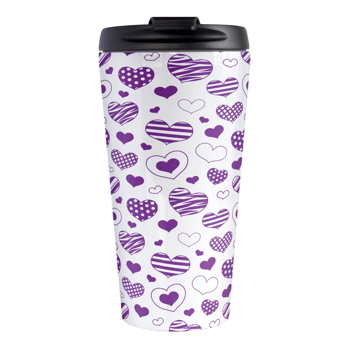 Purple Heart Doodles Travel Mug (15oz) at Amy's Coffee Mugs. A stainless steel travel mug designed with hand-drawn purple heart doodles in a pattern that wraps around the travel mug. This cute heart pattern is perfect for Valentine's Day or for anyone who loves hearts and young-at-heart drawings. 