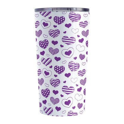 Purple Heart Doodles Tumbler Cup (20oz) at Amy's Coffee Mugs. A stainless steel tumbler cup designed with a print of hand-drawn purple heart doodles in a pattern that wraps around the cup. This cute heart pattern is perfect for Valentine's Day or for anyone who loves hearts and young-at-heart drawings. 