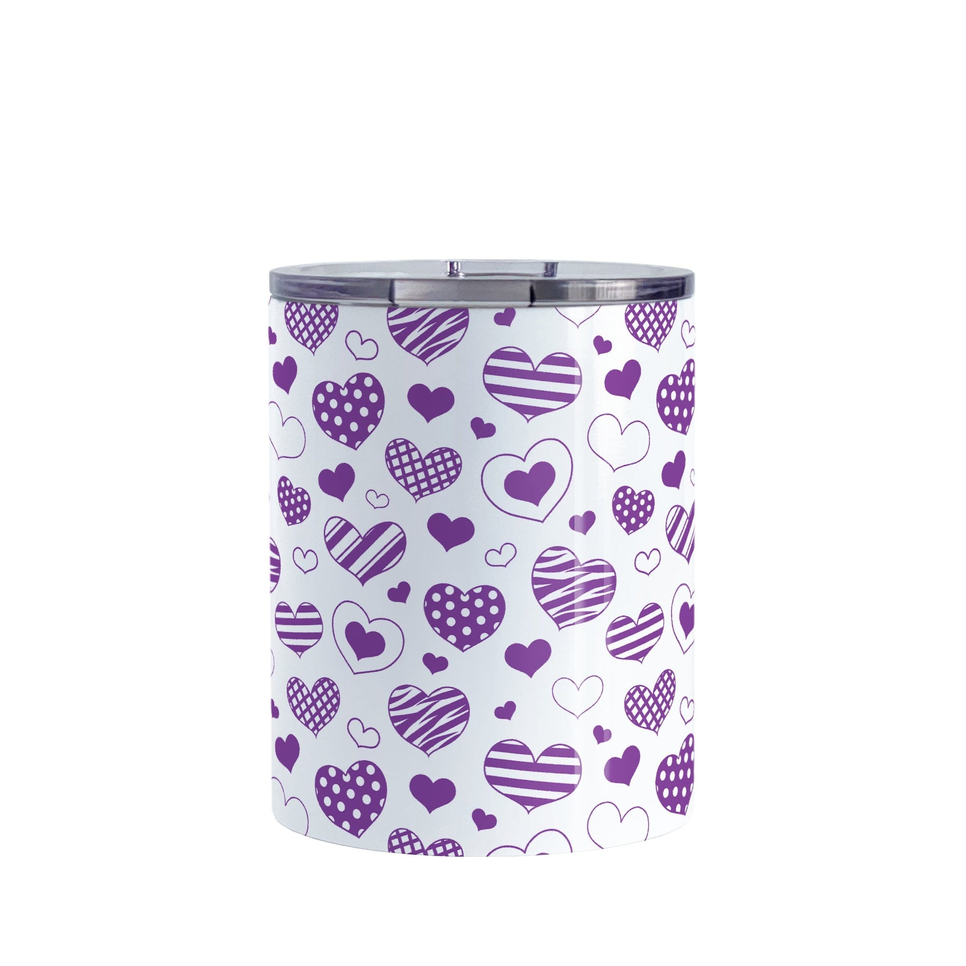 Purple Heart Doodles Tumbler Cup (10oz) at Amy's Coffee Mugs. A stainless steel tumbler cup designed with a print of hand-drawn purple heart doodles in a pattern that wraps around the cup. This cute heart pattern is perfect for Valentine's Day or for anyone who loves hearts and young-at-heart drawings. 