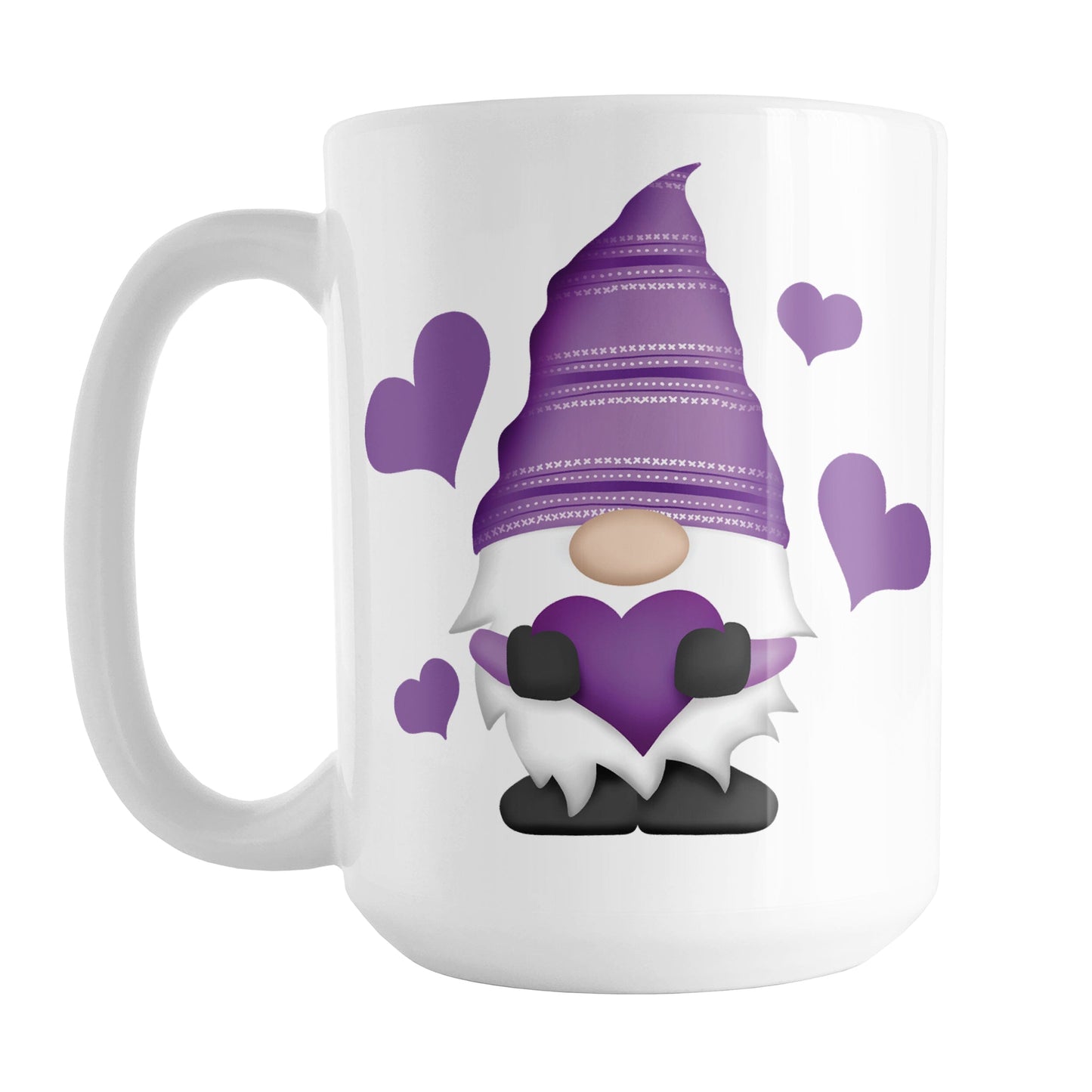 Purple Heart Gnome Mug (15oz) at Amy's Coffee Mugs. A ceramic coffee mug designed with an adorable gnome wearing a festive purple hat and holding a large purple heart with bold purple hearts around him. This loving gnome illustration is on both sides of the mug.
