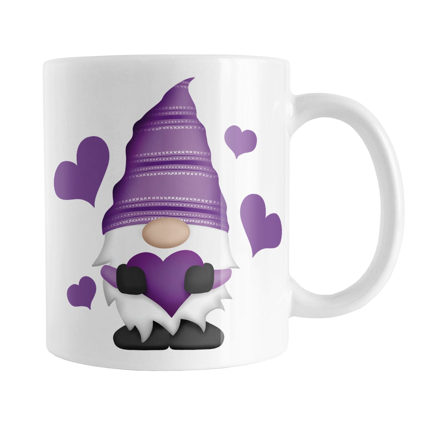Purple Heart Gnome Mug (11oz) at Amy's Coffee Mugs. A ceramic coffee mug designed with an adorable gnome wearing a festive purple hat and holding a large purple heart with bold purple hearts around him. This loving gnome illustration is on both sides of the mug.