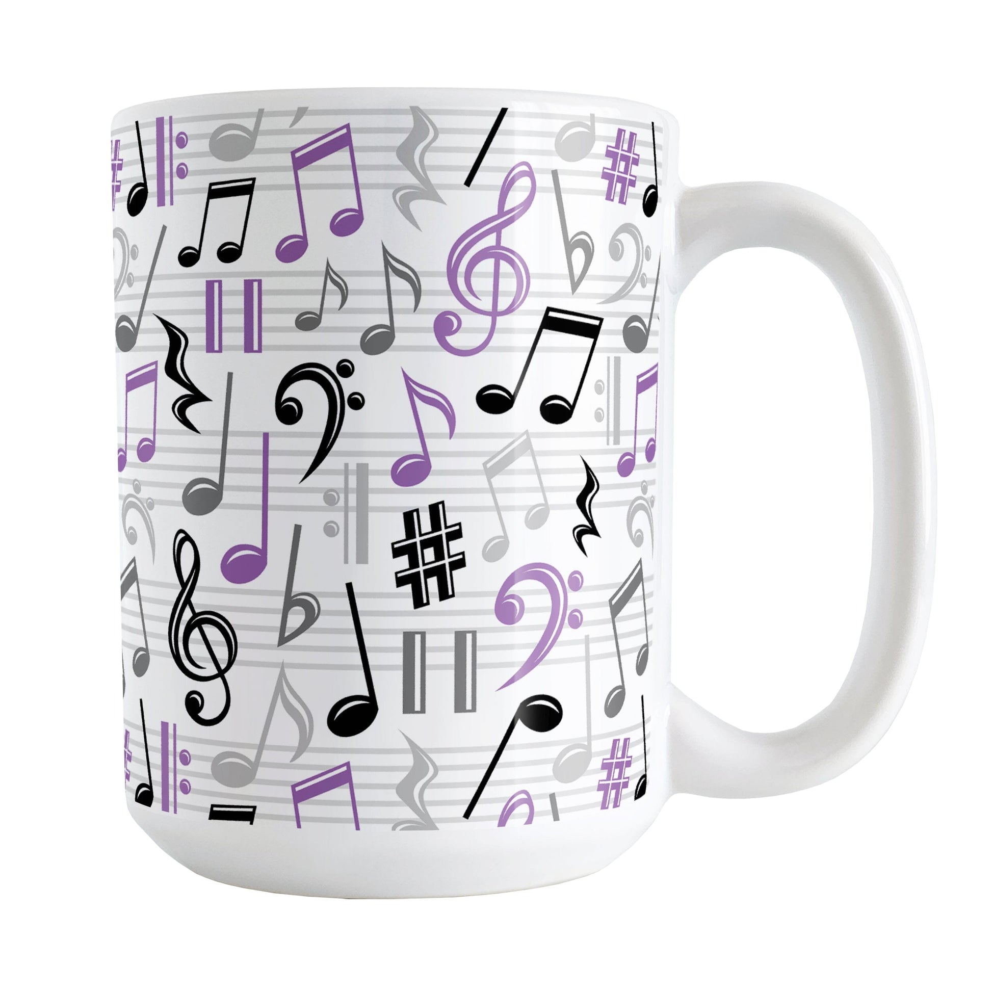 Purple Music Notes Pattern Mug (15oz) at Amy's Coffee Mugs. A ceramic coffee mug designed with music notes and symbols in purple, black, and gray in a pattern that wraps around the mug to the handle.