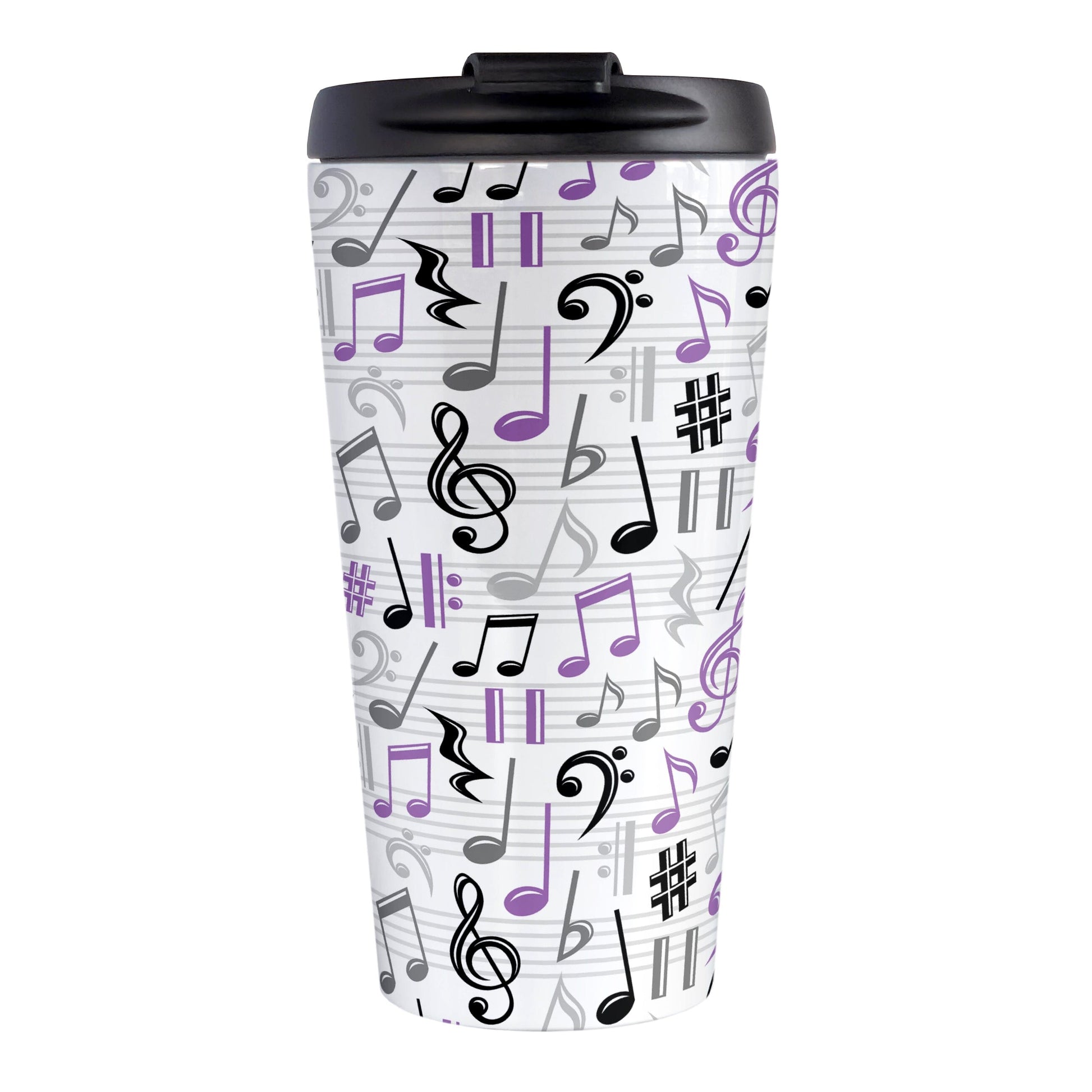 Purple Music Notes Pattern Travel Mug (15oz) at Amy's Coffee Mugs. A stainless steel travel mug designed with music notes and symbols in purple, black, and gray in a pattern that wraps around the travel mug.