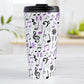 Purple Music Notes Pattern Travel Mug (15oz) at Amy's Coffee Mugs. A stainless steel travel mug designed with music notes and symbols in purple, black, and gray in a pattern that wraps around the travel mug.