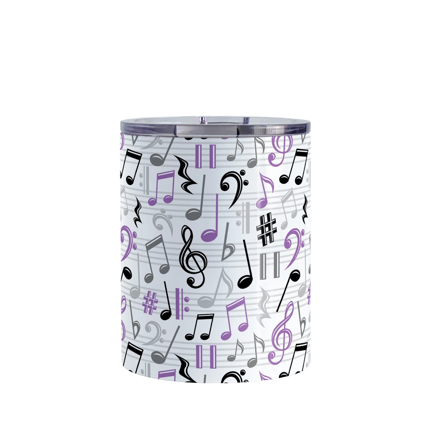 Purple Music Notes Pattern Tumbler Cup (10oz) at Amy's Coffee Mugs. A stainless steel tumbler cup designed with music notes and symbols in purple, black, and gray in a pattern that wraps around the cup.