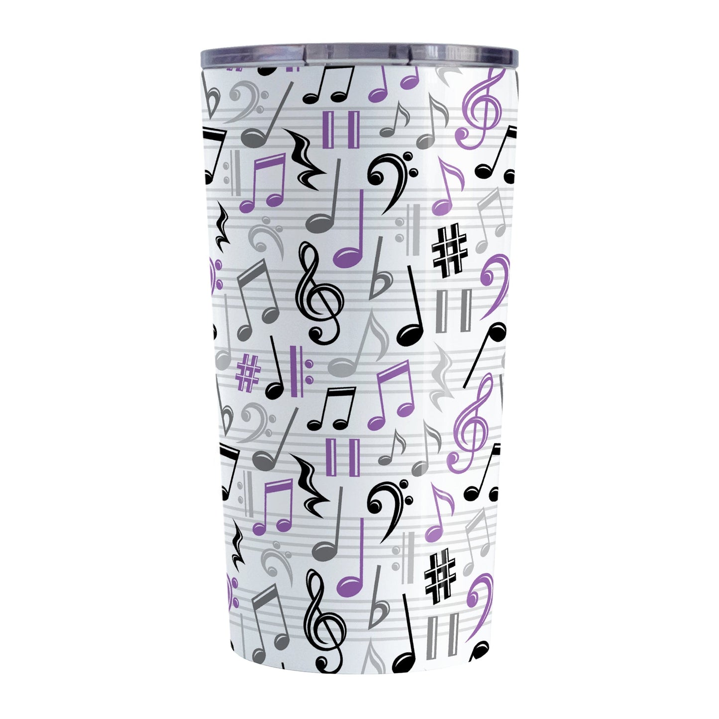 Purple Music Notes Pattern Tumbler Cup (20oz) at Amy's Coffee Mugs. A stainless steel tumbler cup designed with music notes and symbols in purple, black, and gray in a pattern that wraps around the cup.