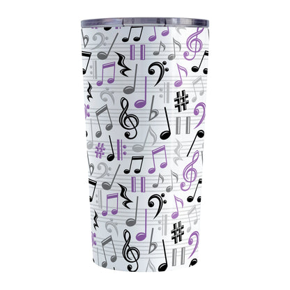 Purple Music Notes Pattern Tumbler Cup (20oz) at Amy's Coffee Mugs. A stainless steel tumbler cup designed with music notes and symbols in purple, black, and gray in a pattern that wraps around the cup.