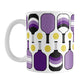 Purple Pickleball Mug (11oz) at Amy's Coffee Mugs. A ceramic coffee mug designed with modern purple pickleball paddles and yellow balls in a pattern that wraps around the mug up to the handle.