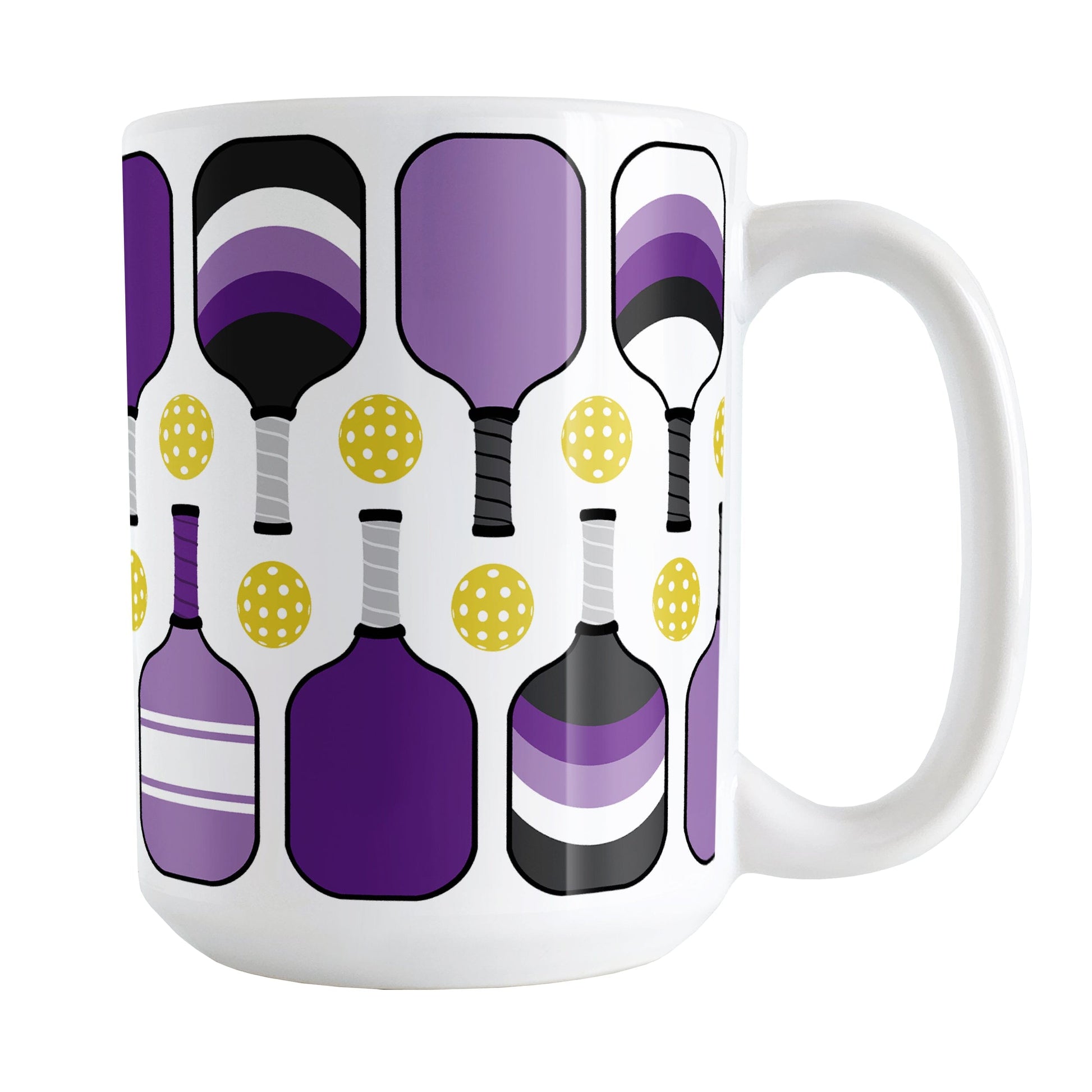 Purple Pickleball Mug (15oz) at Amy's Coffee Mugs. A ceramic coffee mug designed with modern purple pickleball paddles and yellow balls in a pattern that wraps around the mug up to the handle.