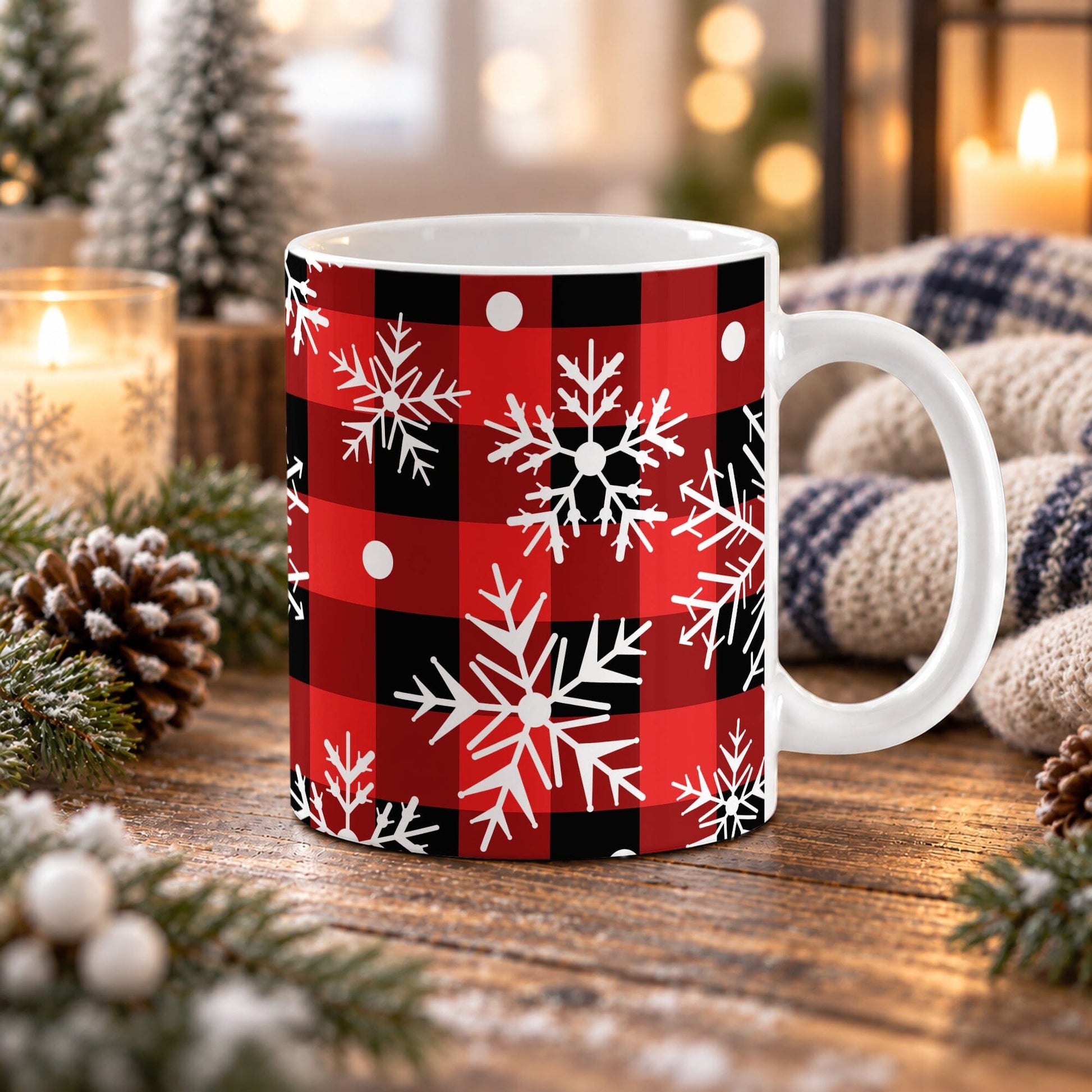 11 oz red and black buffalo plaid winter mug with large white snowflakes, smaller snowflake shapes, and scattered white round accents, shown on a wooden table with winter decor around it.
