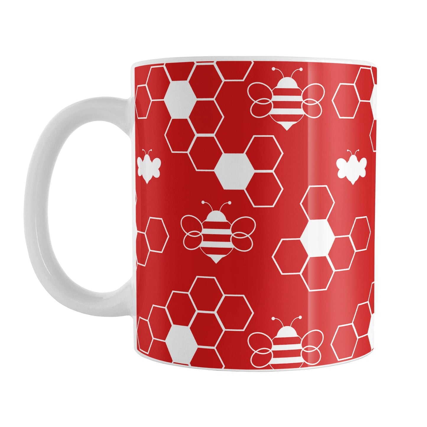 Red and White Bee Mug (11oz) at Amy's Coffee Mugs. A ceramic coffee mug designed with white lined and silhouette bees and honeycomb in a sleek pattern over a red background color that wraps around the mug up to the handle.