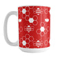 Red and White Bee Mug (15oz) at Amy's Coffee Mugs. A ceramic coffee mug designed with white lined and silhouette bees and honeycomb in a sleek pattern over a red background color that wraps around the mug up to the handle.