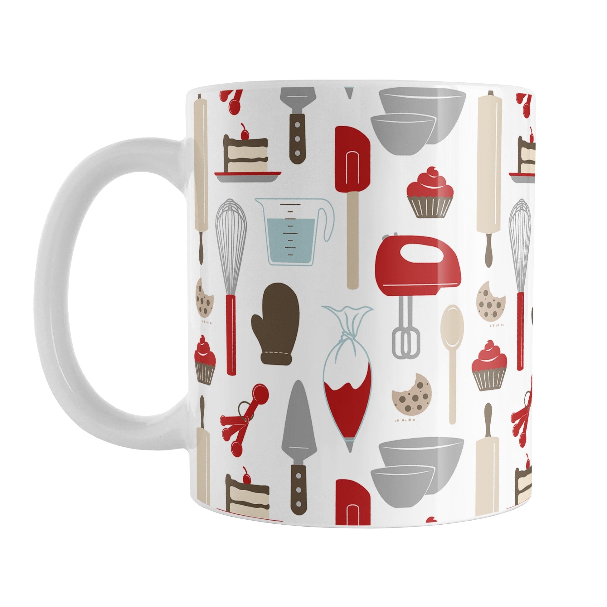 Red Baking Pattern Mug (11oz) at Amy's Coffee Mugs. A ceramic coffee mug designed with a pattern of baking tools like spatulas, whisks, mixers, bowls, and spoons, with cookies, cupcakes, and cake all in a red, gray, brown, and beige color scheme that wraps around the mug. 