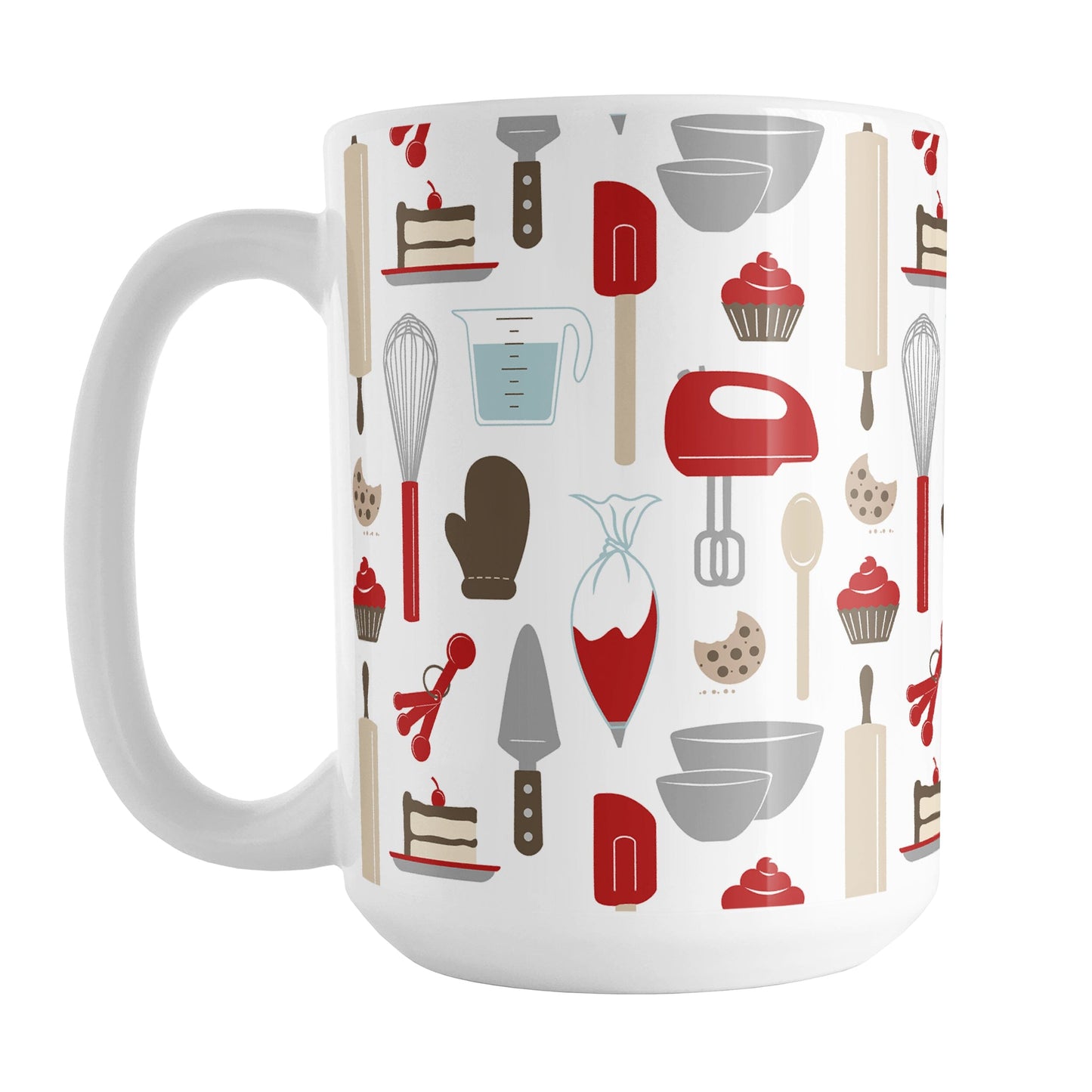 Red Baking Pattern Mug (15oz) at Amy's Coffee Mugs. A ceramic coffee mug designed with a pattern of baking tools like spatulas, whisks, mixers, bowls, and spoons, with cookies, cupcakes, and cake all in a red, gray, brown, and beige color scheme that wraps around the mug. 