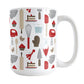 Red Baking Pattern Mug (15oz) at Amy's Coffee Mugs. A ceramic coffee mug designed with a pattern of baking tools like spatulas, whisks, mixers, bowls, and spoons, with cookies, cupcakes, and cake all in a red, gray, brown, and beige color scheme that wraps around the mug. 