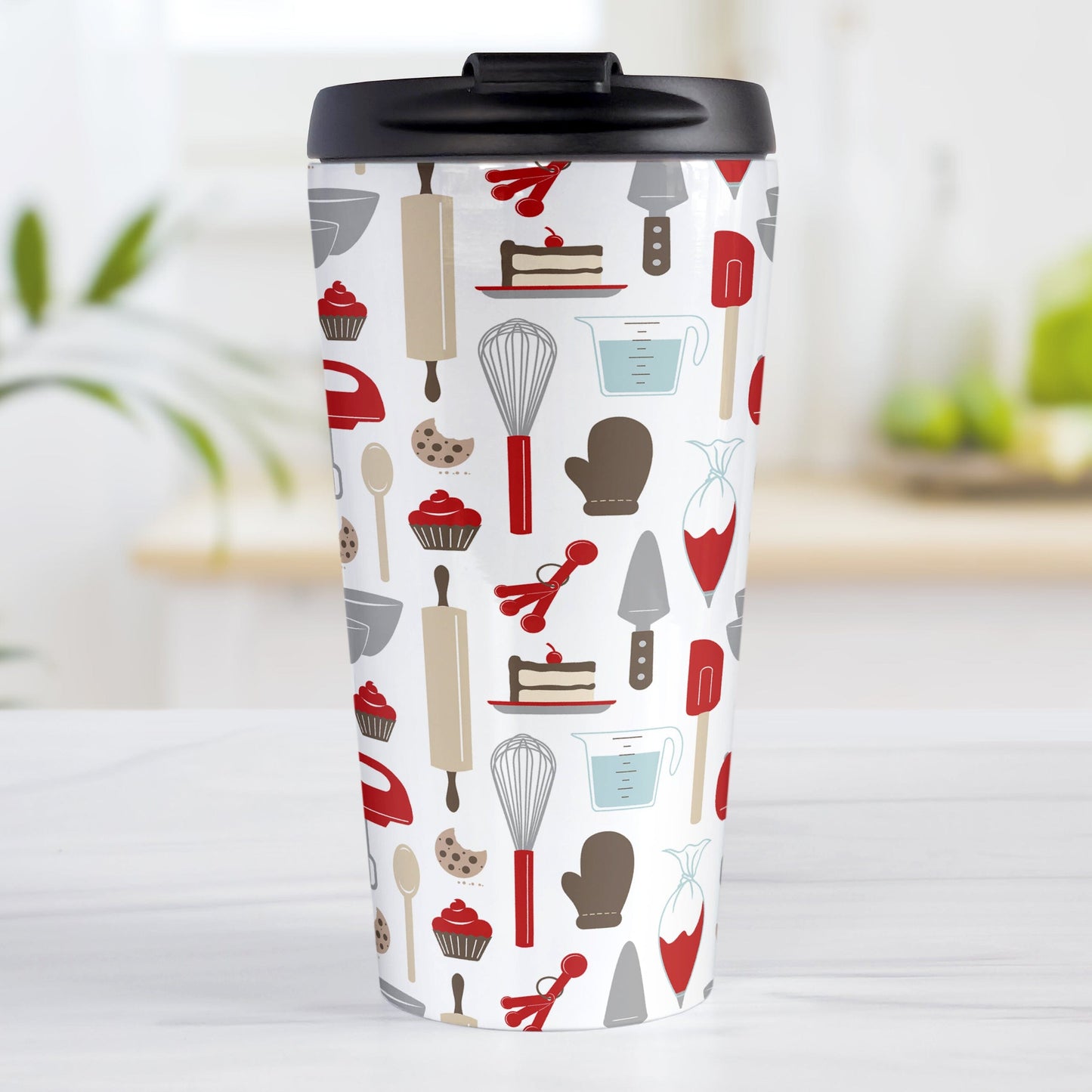 Red Baking Pattern Travel Mug (15oz) at Amy's Coffee Mugs. A stainless steel travel mug designed with a pattern of baking tools like spatulas, whisks, mixers, bowls, and spoons, with cookies, cupcakes, and cake all in a red, gray, brown, and beige color scheme that wraps around the travel mug. 