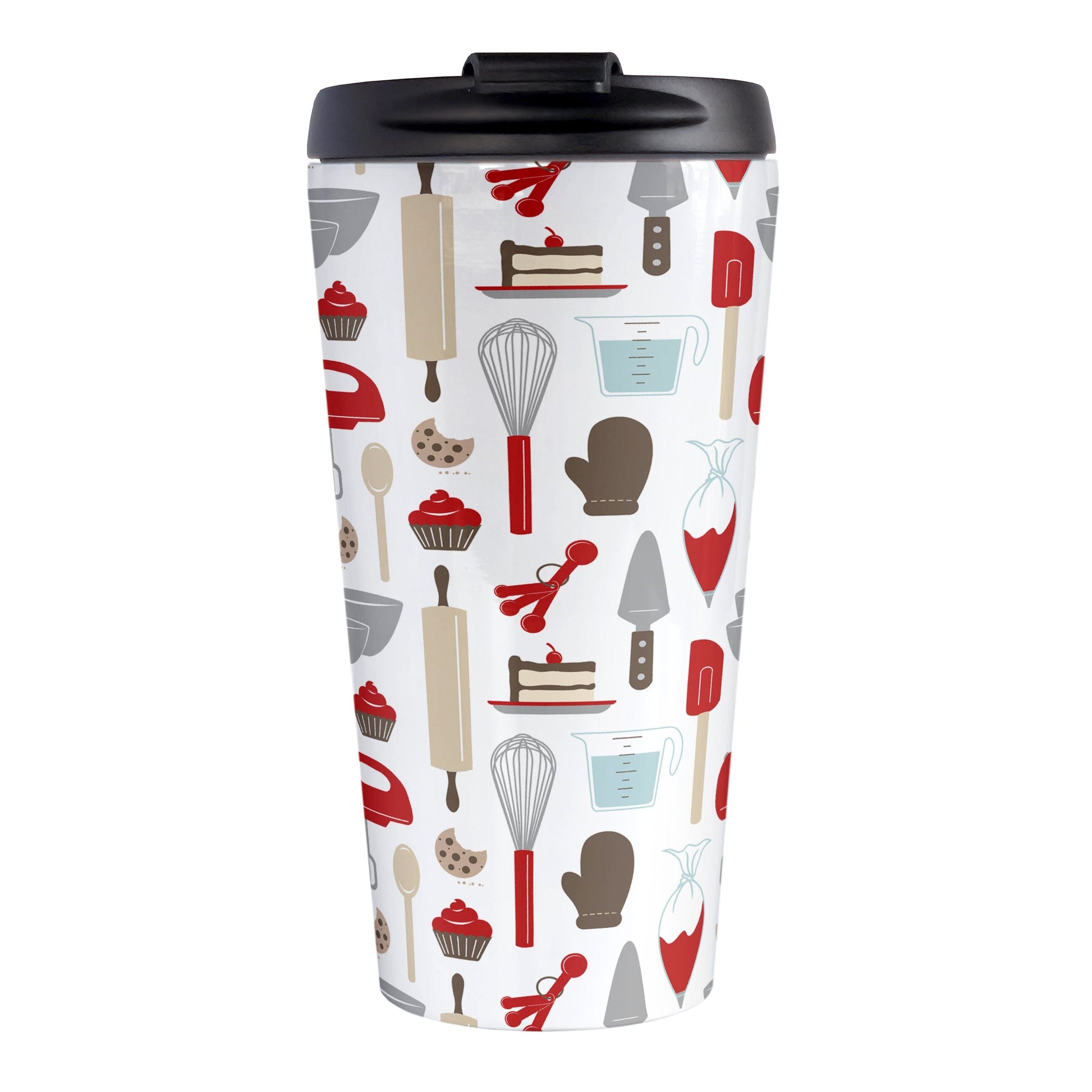 Red Baking Pattern Travel Mug (15oz) at Amy's Coffee Mugs. A stainless steel travel mug designed with a pattern of baking tools like spatulas, whisks, mixers, bowls, and spoons, with cookies, cupcakes, and cake all in a red, gray, brown, and beige color scheme that wraps around the travel mug. 