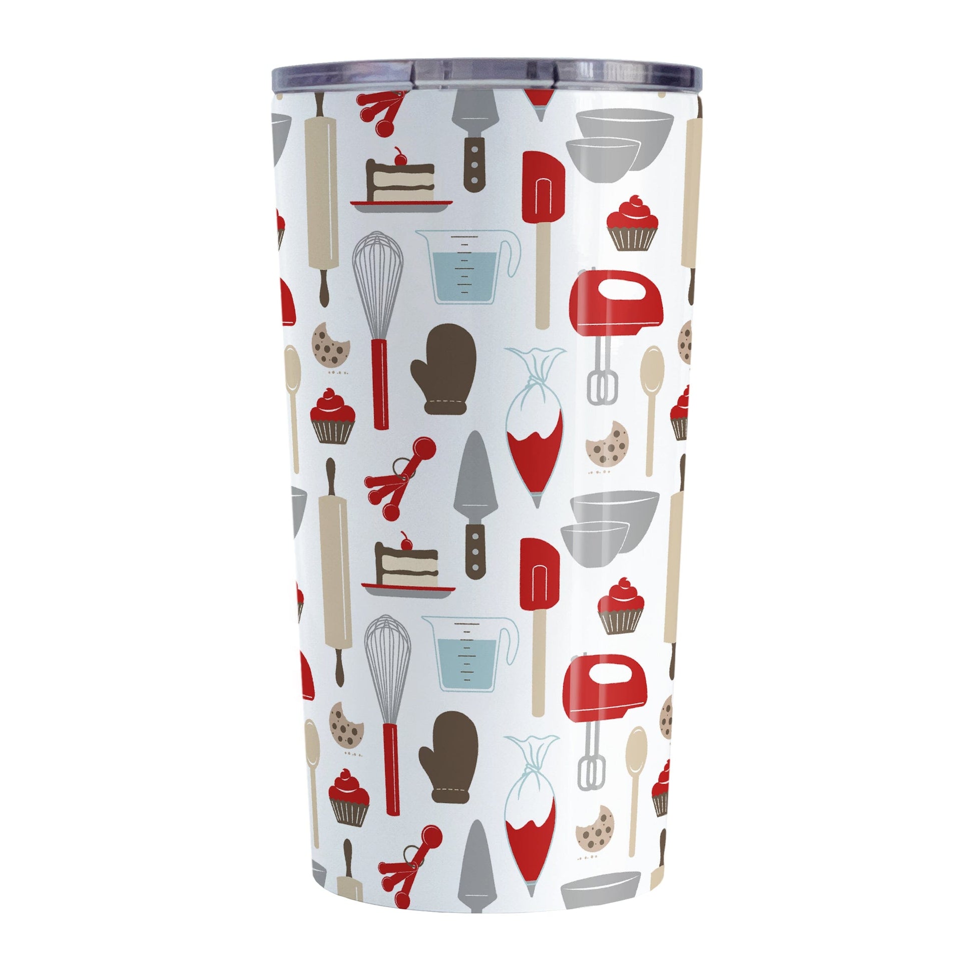 Red Baking Pattern Tumbler Cup (20oz) at Amy's Coffee Mugs. A stainless steel tumbler cup designed with a pattern of baking tools like spatulas, whisks, mixers, bowls, and spoons, with cookies, cupcakes, and cake all in a red, gray, brown, and beige color scheme that wraps around the cup. 