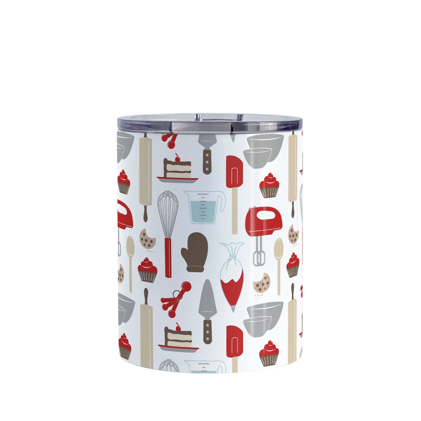 Red Baking Pattern Tumbler Cup (10oz) at Amy's Coffee Mugs. A stainless steel tumbler cup designed with a pattern of baking tools like spatulas, whisks, mixers, bowls, and spoons, with cookies, cupcakes, and cake all in a red, gray, brown, and beige color scheme that wraps around the cup. 