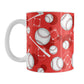 Red Baseball Pattern Mug (11oz) at Amy's Coffee Mugs. A ceramic coffee mug designed with a pattern of baseballs, baseball diamonds, baseball bats, and darker red circles over a red background color that wraps around the mug up to the handle.