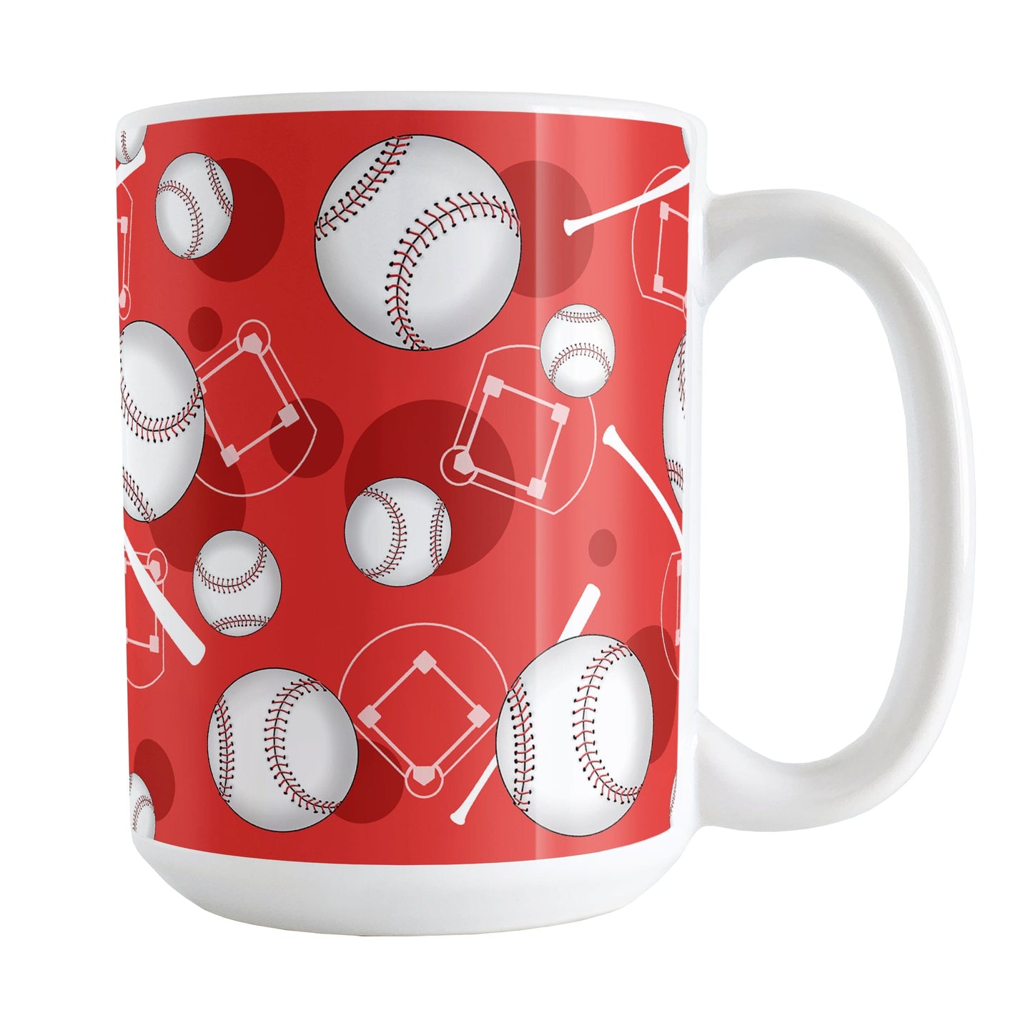 Red Baseball Pattern Mug (15oz) at Amy's Coffee Mugs. A ceramic coffee mug designed with a pattern of baseballs, baseball diamonds, baseball bats, and darker red circles over a red background color that wraps around the mug up to the handle.