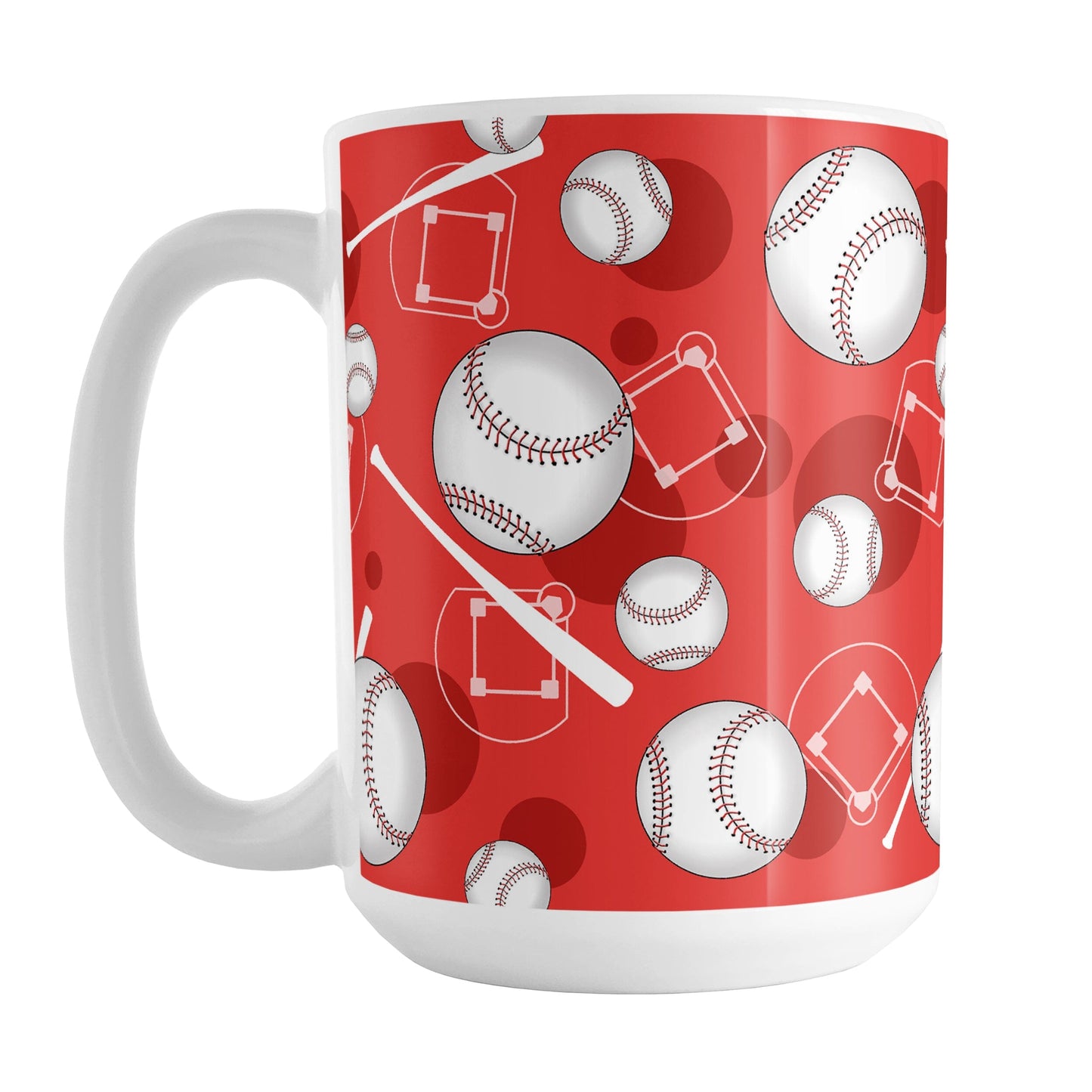 Red Baseball Pattern Mug (15oz) at Amy's Coffee Mugs. A ceramic coffee mug designed with a pattern of baseballs, baseball diamonds, baseball bats, and darker red circles over a red background color that wraps around the mug up to the handle.