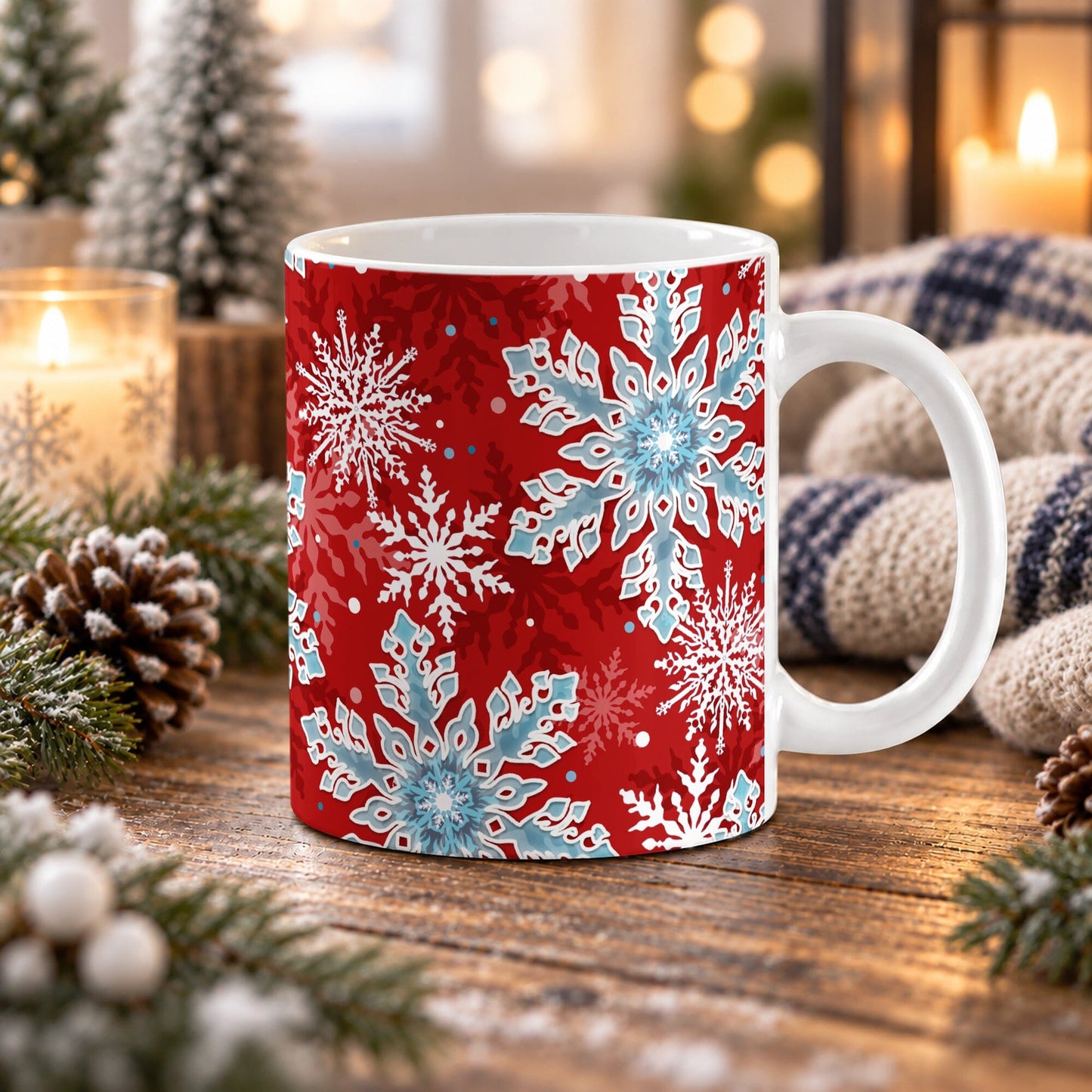 11 oz red winter mug with large aqua blue and white snowflakes, dark red snowflakes, and smaller accents across the pattern, shown on a wooden table with winter decor around it.