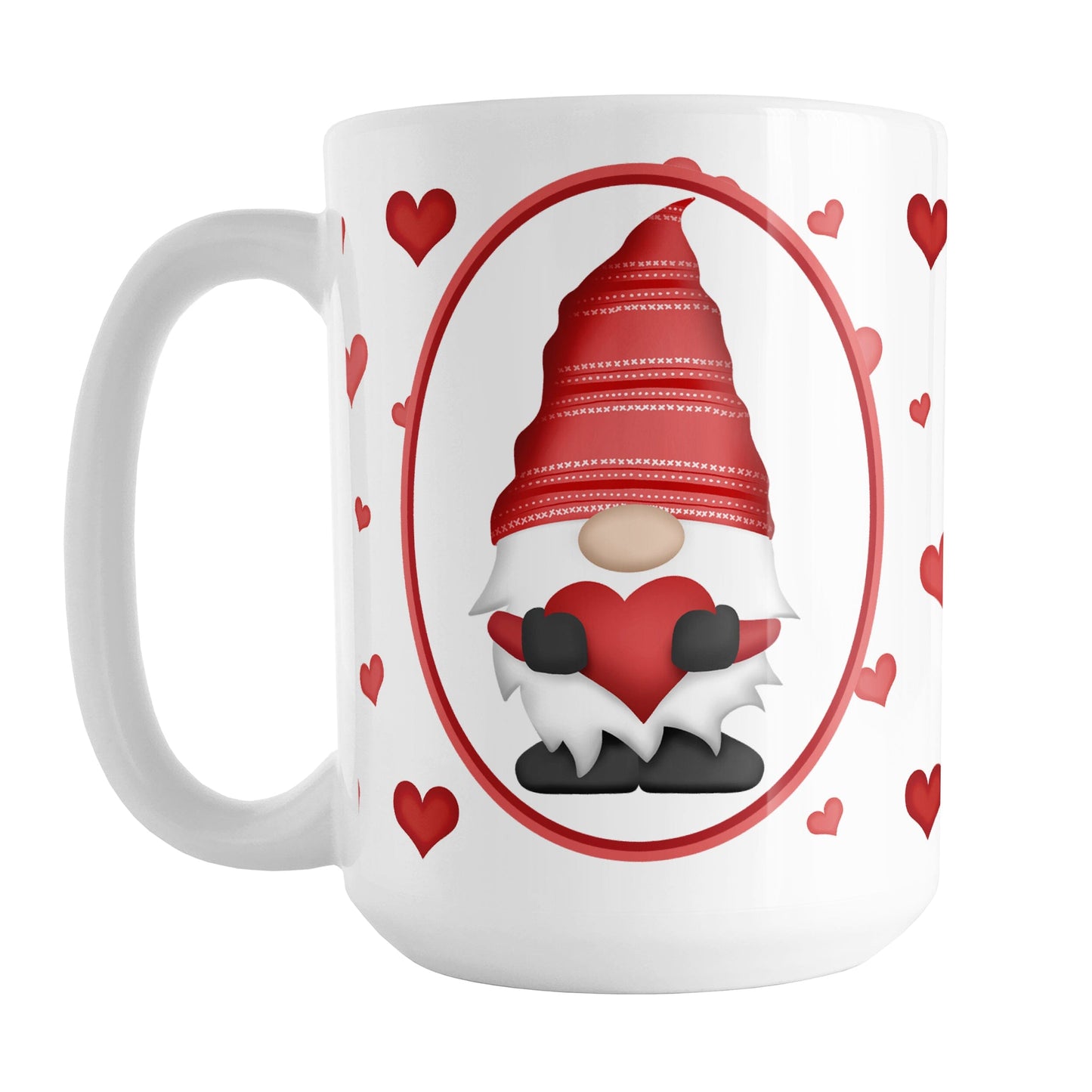 Red Gnome Dainty Hearts Mug (15oz) at Amy's Coffee Mugs. A ceramic coffee mug designed with an adorable red gnome in a white oval on both sides of the mug over a pattern of cute dainty hearts in different shades of red that wrap around the mug to the handle.