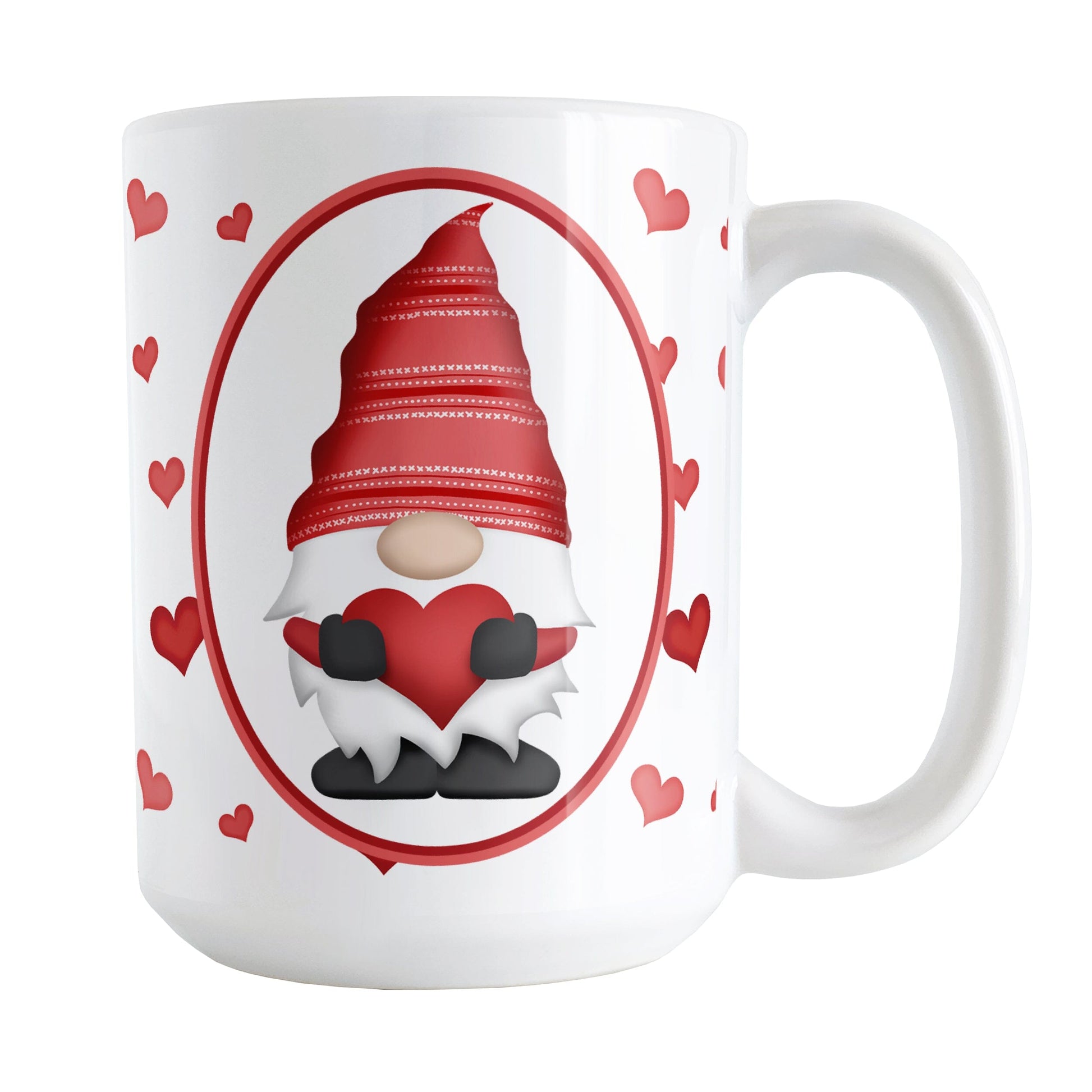 Red Gnome Dainty Hearts Mug (15oz) at Amy's Coffee Mugs. A ceramic coffee mug designed with an adorable red gnome in a white oval on both sides of the mug over a pattern of cute dainty hearts in different shades of red that wrap around the mug to the handle.