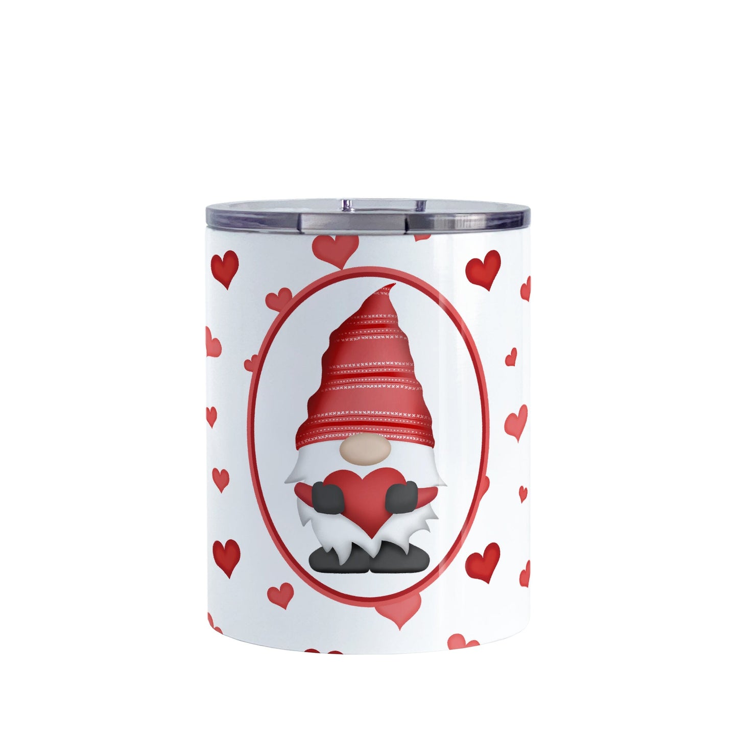 Red Gnome Dainty Hearts Tumbler Cup (10oz) at Amy's Coffee Mugs. A stainless steel tumbler cup designed with an adorable red gnome holding a heart in a white oval over a pattern of cute and dainty hearts in different shades of red that wrap around the cup.