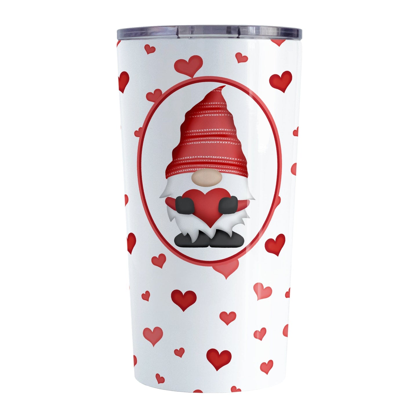 Red Gnome Dainty Hearts Tumbler Cup (20oz) at Amy's Coffee Mugs. A stainless steel tumbler cup designed with an adorable red gnome holding a heart in a white oval over a pattern of cute and dainty hearts in different shades of red that wrap around the cup.