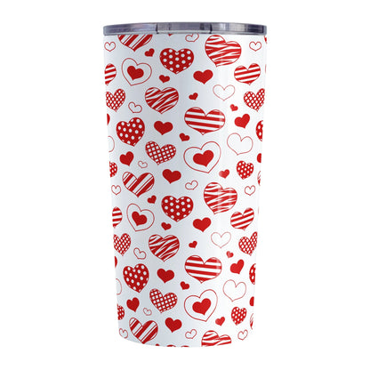 Red Heart Doodles Tumbler Cup (20oz) at Amy's Coffee Mugs. A stainless steel tumbler cup designed with hand-drawn red heart doodles in a pattern that wraps around the cup. This cute heart pattern is perfect for Valentine's Day or for anyone who loves hearts and young-at-heart drawings. 