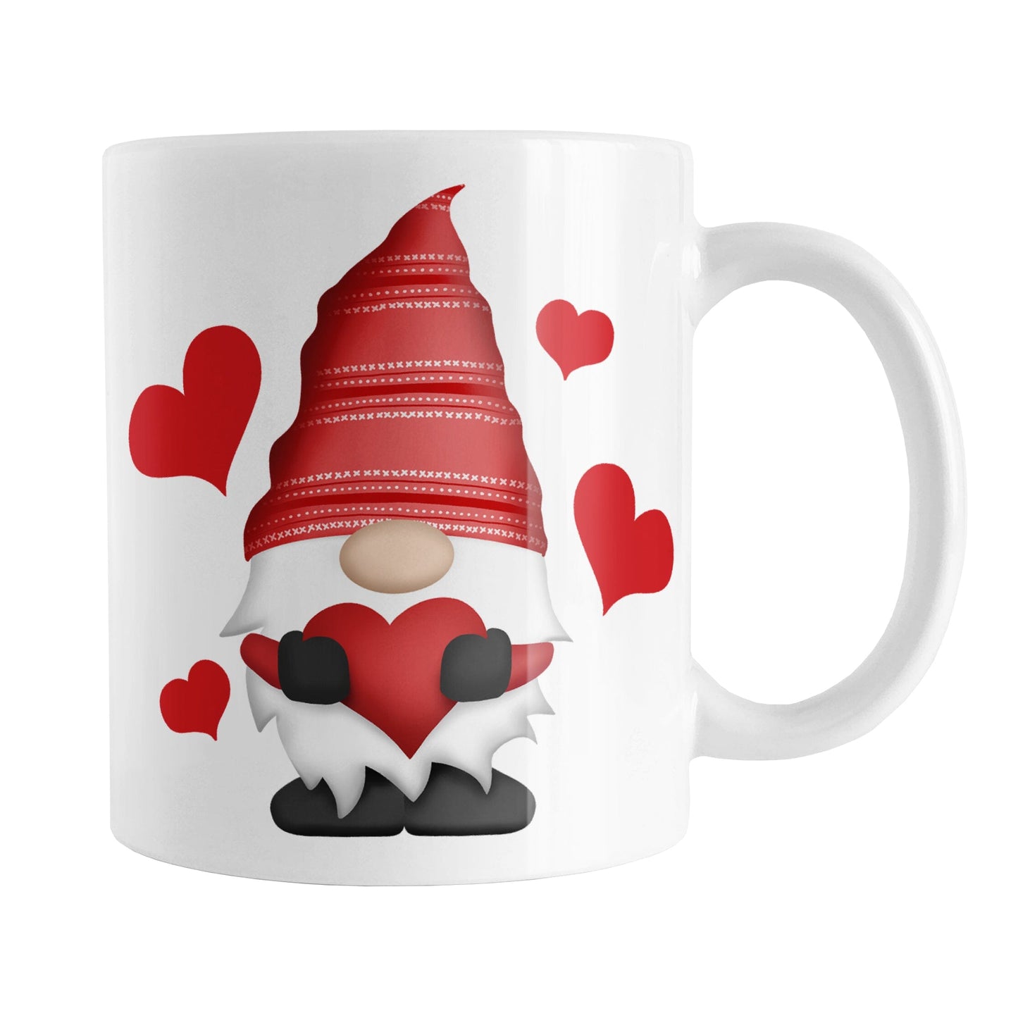 Red Heart Gnome Mug (11oz) at Amy's Coffee Mugs. A ceramic coffee mug designed with an adorable gnome wearing a festive red hat and holding a large red heart. Around the cute gnome are bold red hearts. This loving gnome illustration is on both sides of the mug.