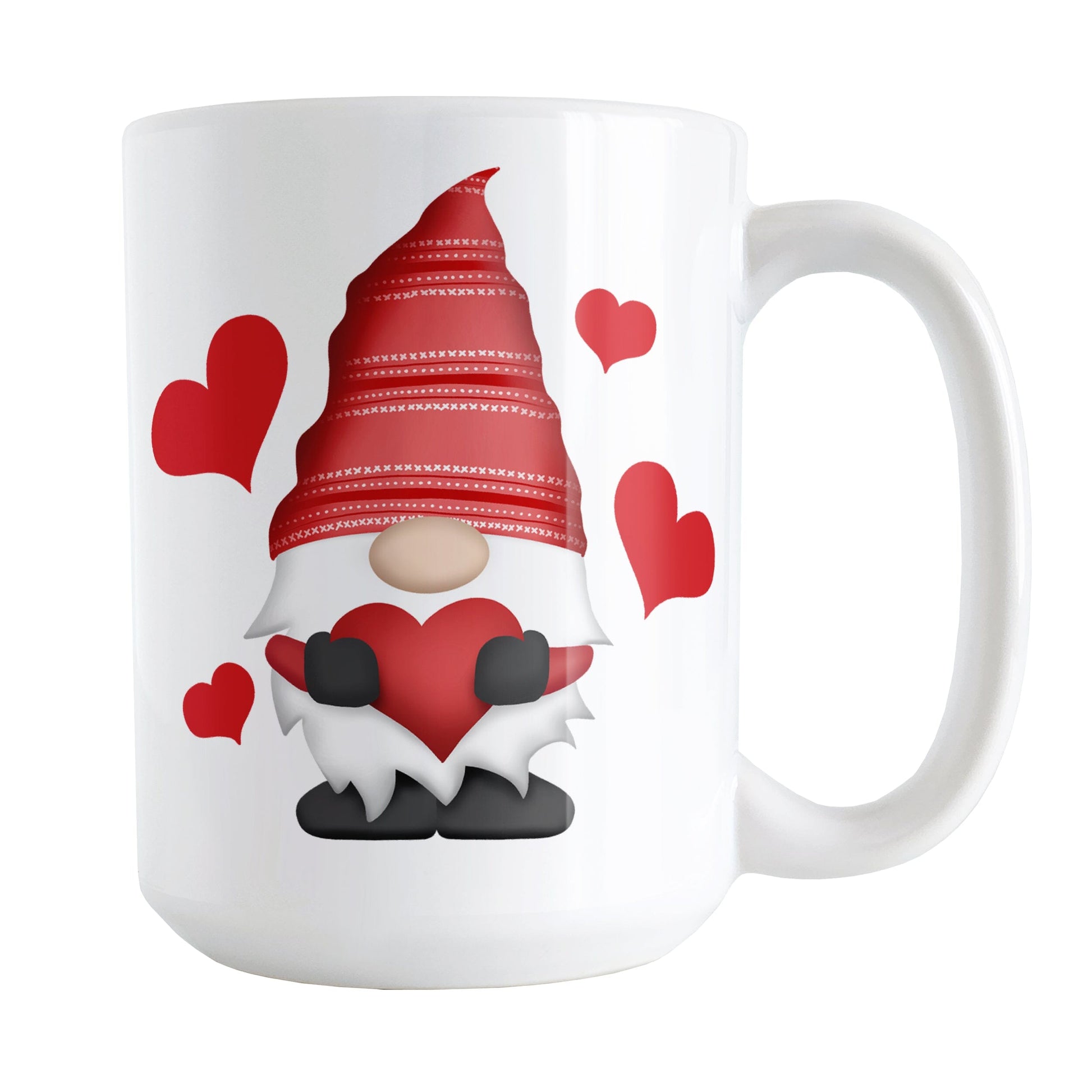 Red Heart Gnome Mug (15oz) at Amy's Coffee Mugs. A ceramic coffee mug designed with an adorable gnome wearing a festive red hat and holding a large red heart. Around the cute gnome are bold red hearts. This loving gnome illustration is on both sides of the mug.