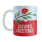 Red Holiday Bird Season's Greetings Christmas Mug (11oz) at Amy's Coffee Mugs. A festive illustration featuring a minimalist red bird on a branch over light blue, showing winter approaching with a few white snowflakes around it. "Season's Greetings" is represented in white over red below the holiday bird.