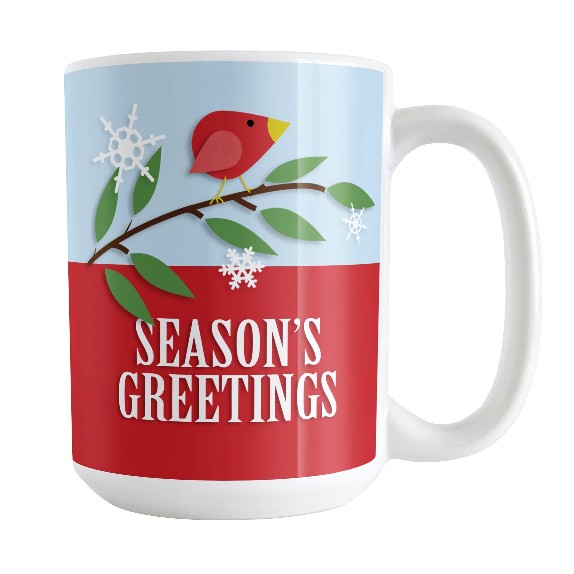 Red Holiday Bird Season's Greetings Christmas Mug (15oz) at Amy's Coffee Mugs. A festive illustration featuring a minimalist red bird on a branch over light blue, showing winter approaching with a few white snowflakes around it. "Season's Greetings" is represented in white over red below the holiday bird.