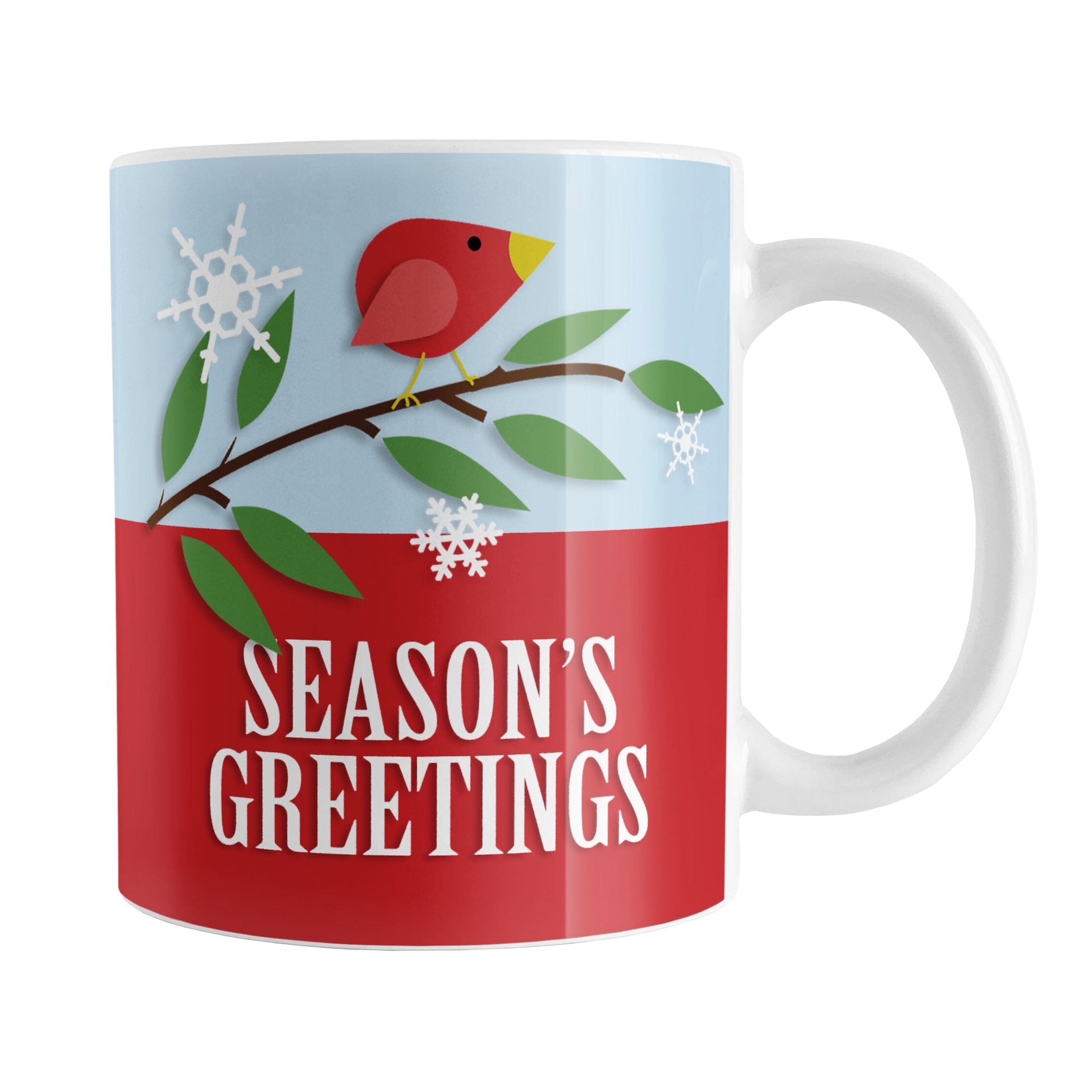 Red Holiday Bird Season's Greetings Christmas Mug (11oz) at Amy's Coffee Mugs. A festive illustration featuring a minimalist red bird on a branch over light blue, showing winter approaching with a few white snowflakes around it. "Season's Greetings" is represented in white over red below the holiday bird.