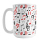 Red Music Notes Pattern Mug (15oz) at Amy's Coffee Mugs. A ceramic coffee mug designed with music notes and symbols in red, black, and gray in a pattern that wraps around the mug to the handle.