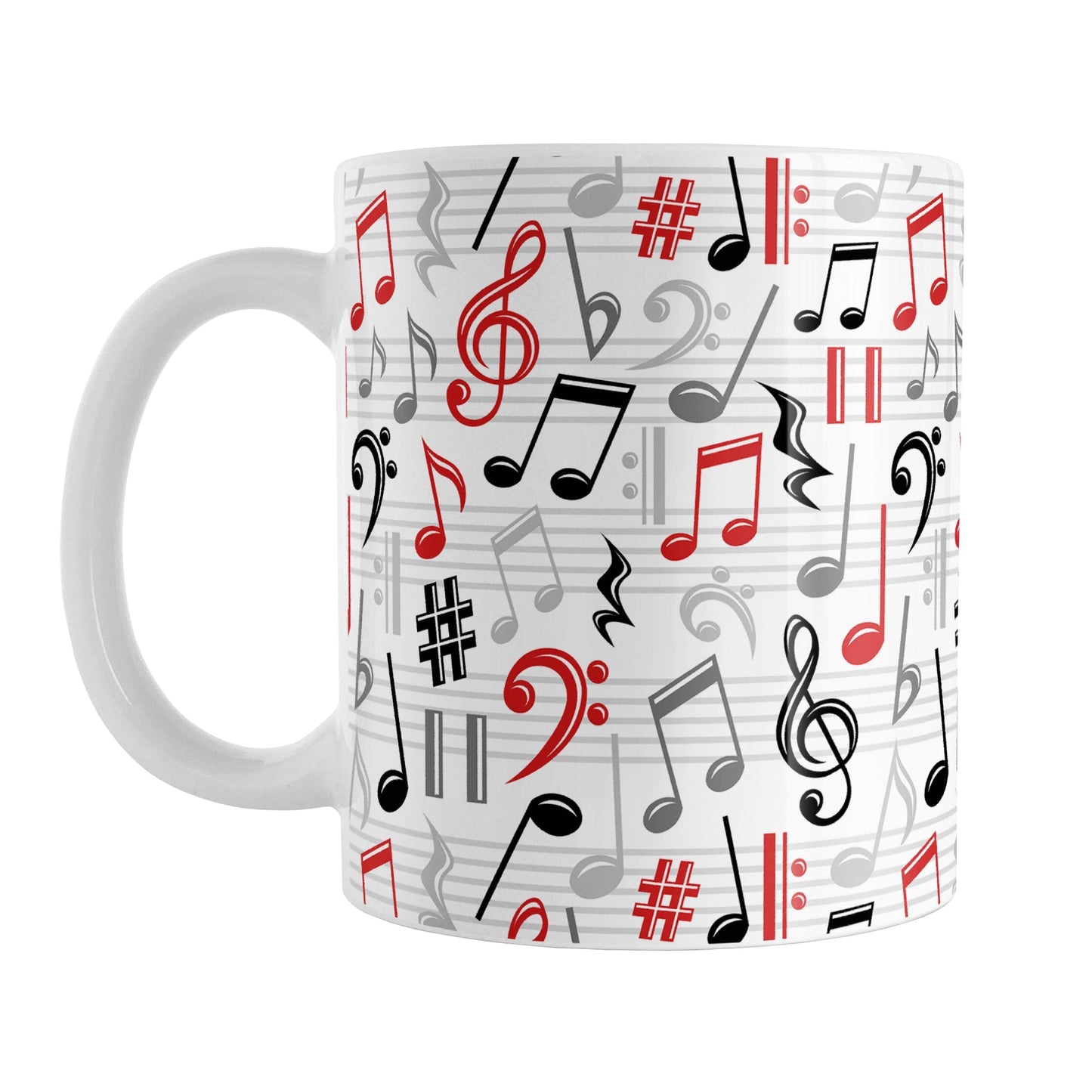 Red Music Notes Pattern Mug (11oz) at Amy's Coffee Mugs. A ceramic coffee mug designed with music notes and symbols in red, black, and gray in a pattern that wraps around the mug to the handle.