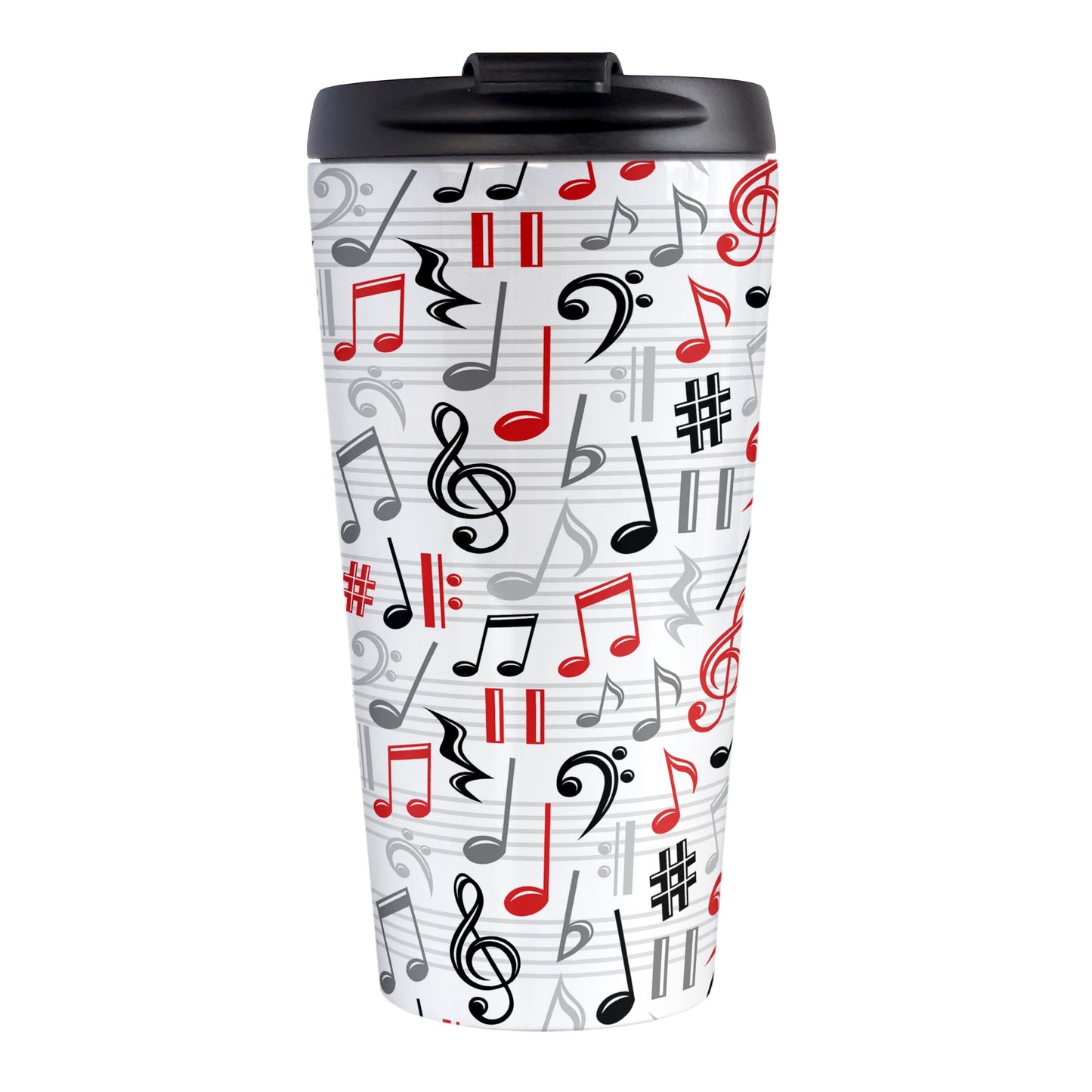 Red Music Notes Pattern Travel Mug (15oz) at Amy's Coffee Mugs. A stainless steel travel mug designed with music notes and symbols in red, black, and gray in a pattern that wraps around the travel mug.