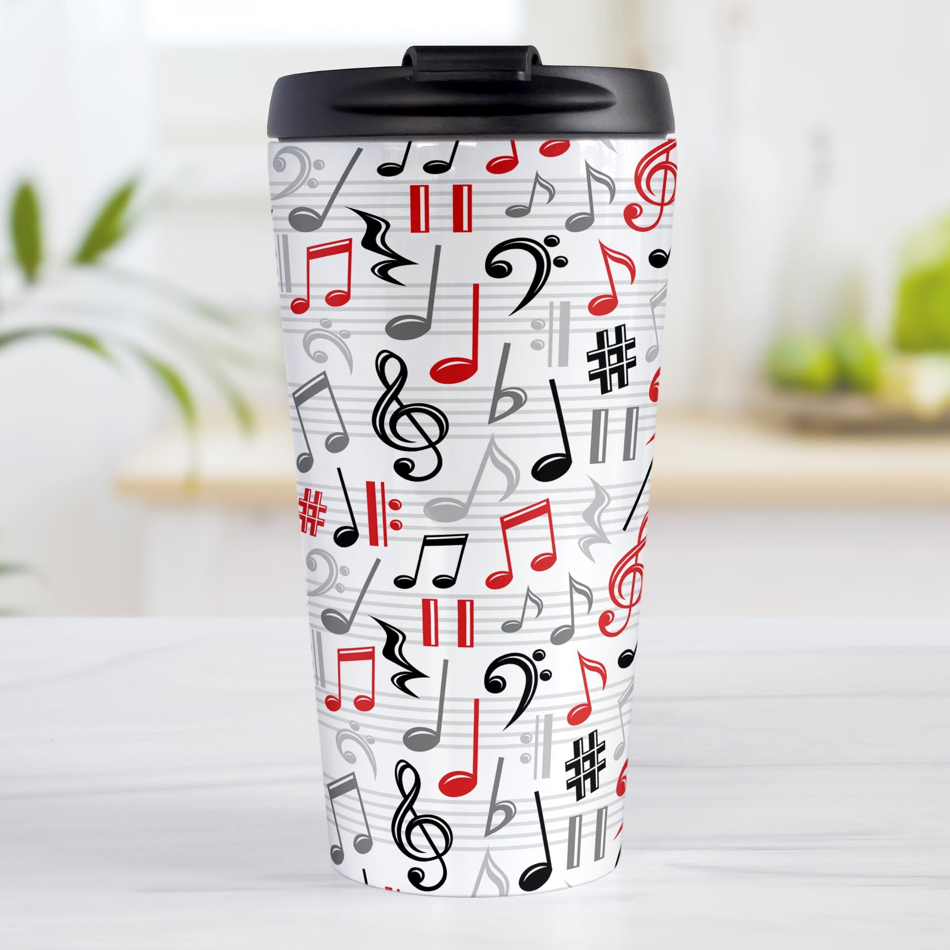 Red Music Notes Pattern Travel Mug (15oz) at Amy's Coffee Mugs. A stainless steel travel mug designed with music notes and symbols in red, black, and gray in a pattern that wraps around the travel mug.